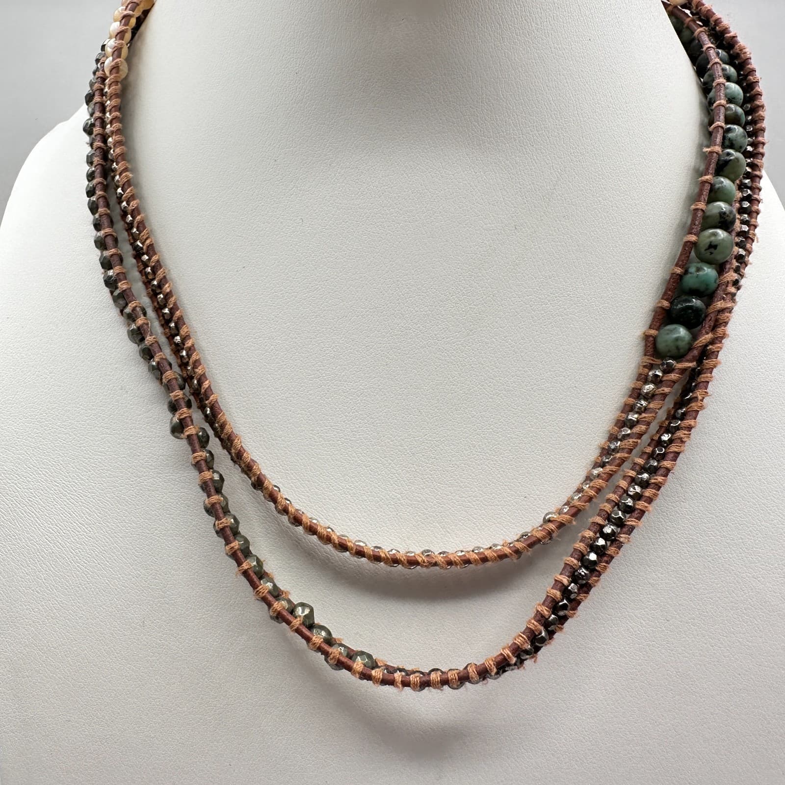 Vintage 80s Beaded Multi Strand Leather Wrap Necklace Women's Classic Jewelry - Image 1