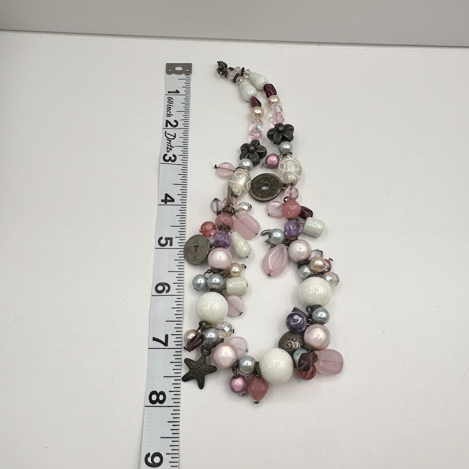 Vintage 90s Beaded Drama Masks Charm Silver Tone Necklace Boho Women's Jewelry - Thumbnail 9