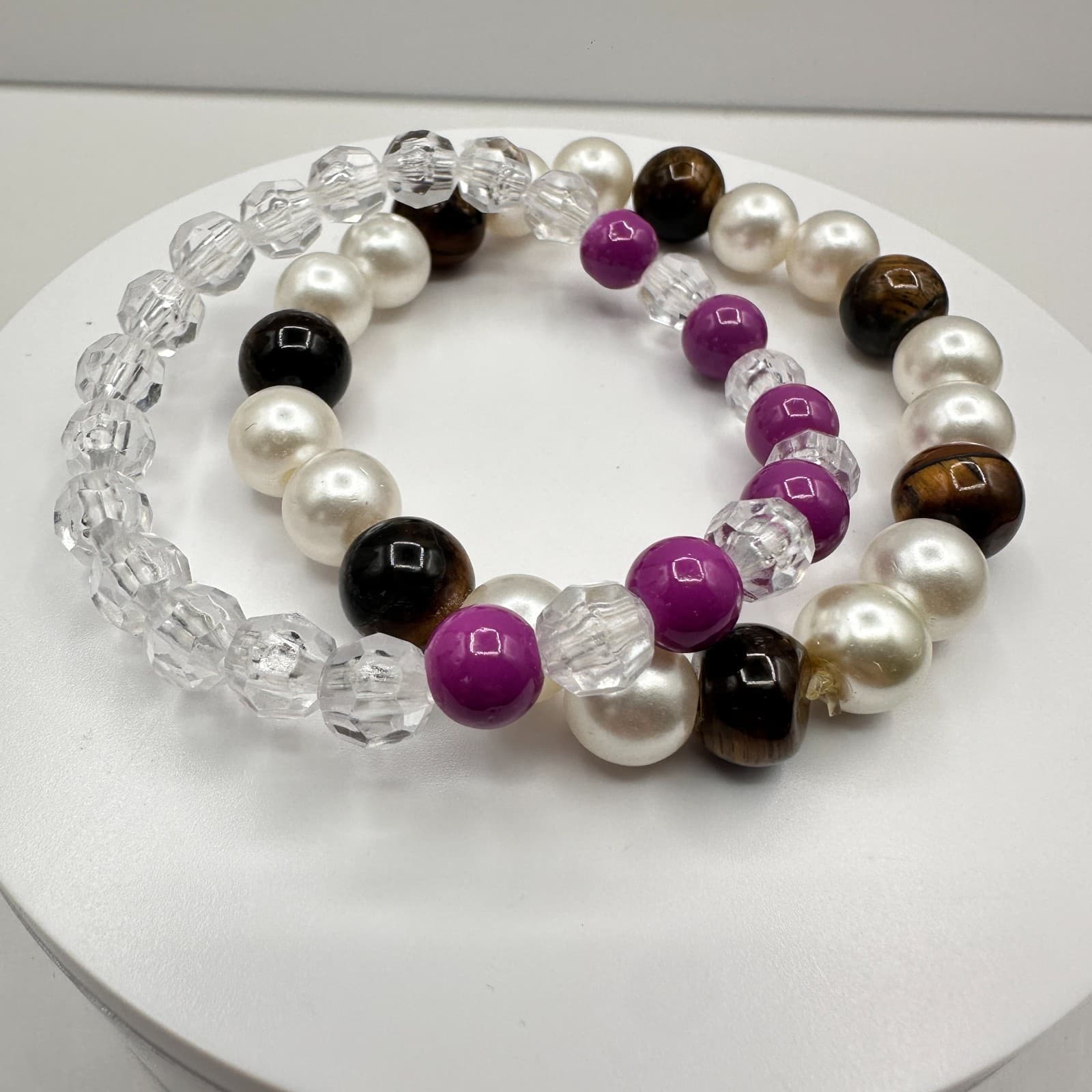 Vintage 90s Beaded Bracelet Set Faux Pearl Tiger Eye Purple Glass Jewelry - Thumbnail 2