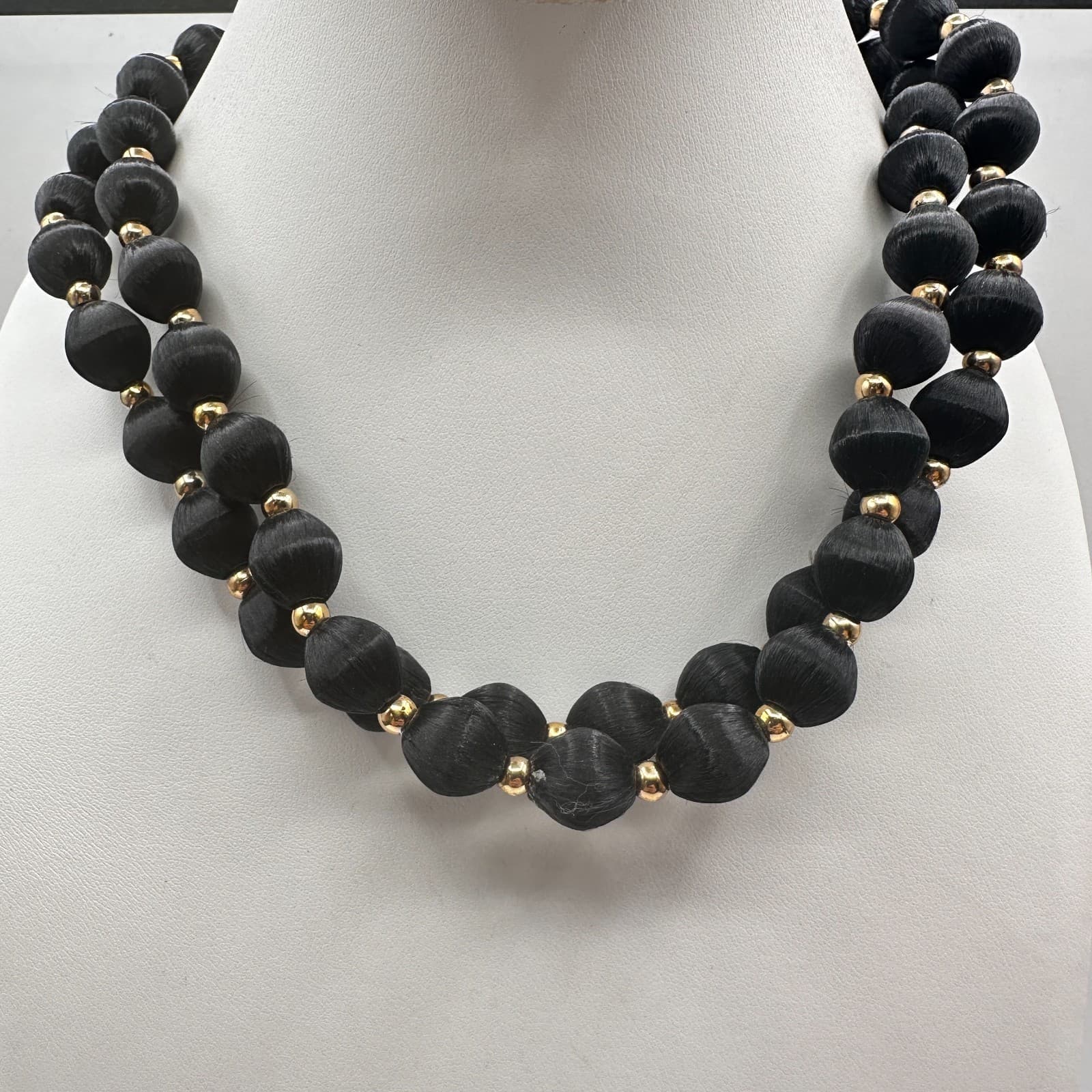 Vintage 80s Double Strand Black Silk Thread Wrapped Beaded Gold Tone Jewelry - Thumbnail 3