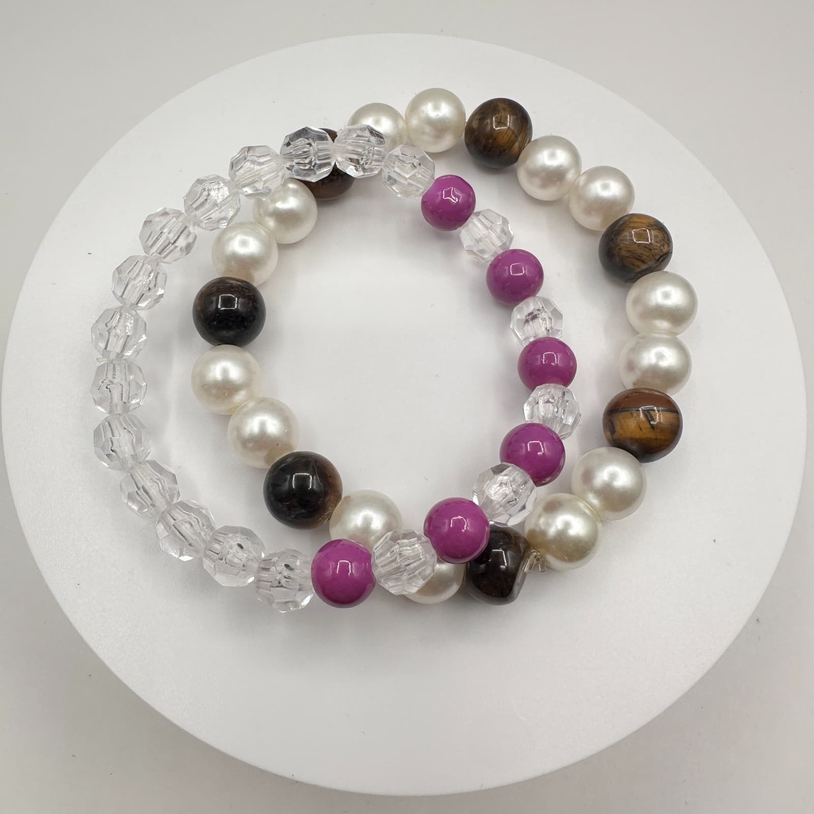 Vintage 90s Beaded Bracelet Set Faux Pearl Tiger Eye Purple Glass Jewelry - Image 1