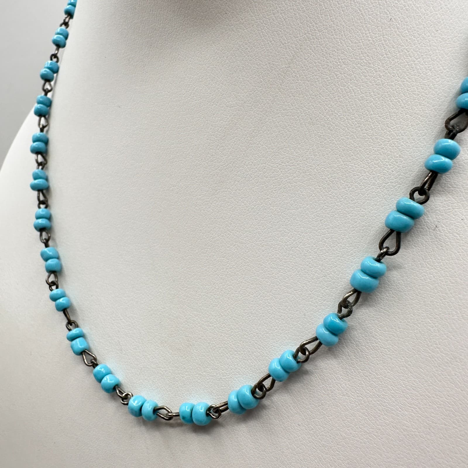 Vintage 90s Boho Blue Beaded Necklace Silver Tone Retro Women's Classic Jewelry - Thumbnail 5