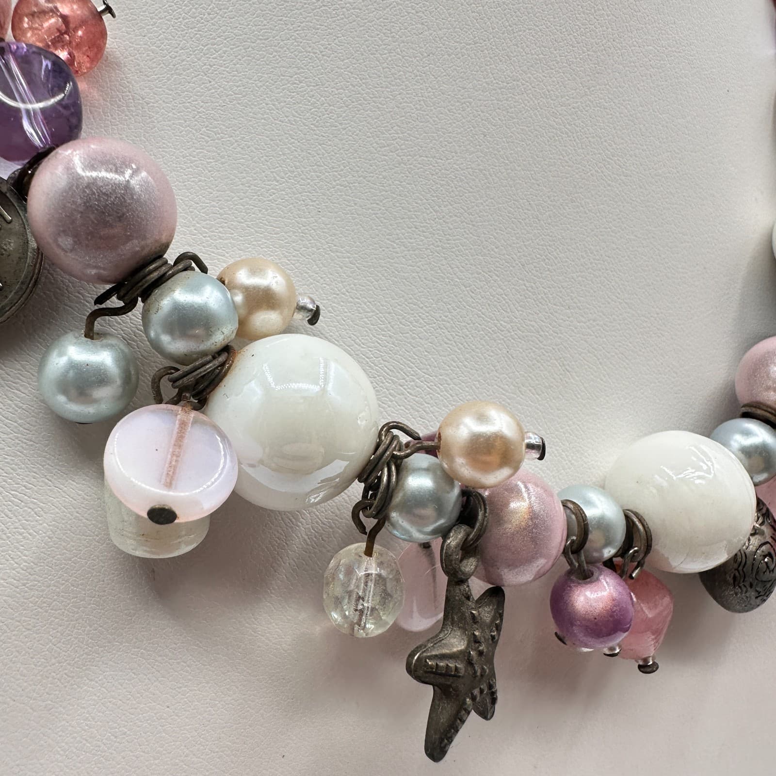 Vintage 90s Beaded Drama Masks Charm Silver Tone Necklace Boho Women's Jewelry - Thumbnail 2