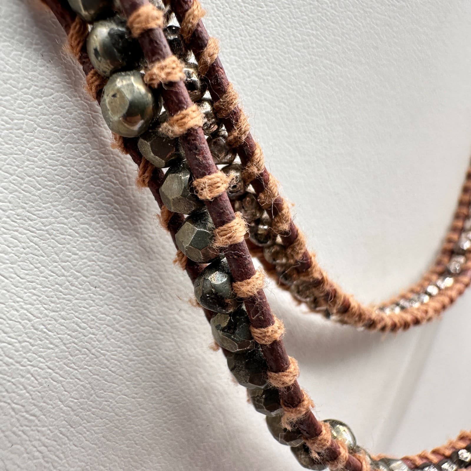 Vintage 80s Beaded Multi Strand Leather Wrap Necklace Women's Classic Jewelry - Thumbnail 3