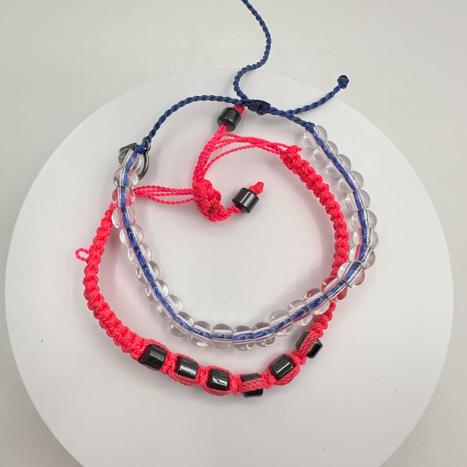 Vintage 90s Pink Macrame Bead Bracelet Set Adjustable Boho Fashion Jewelry - Image 1