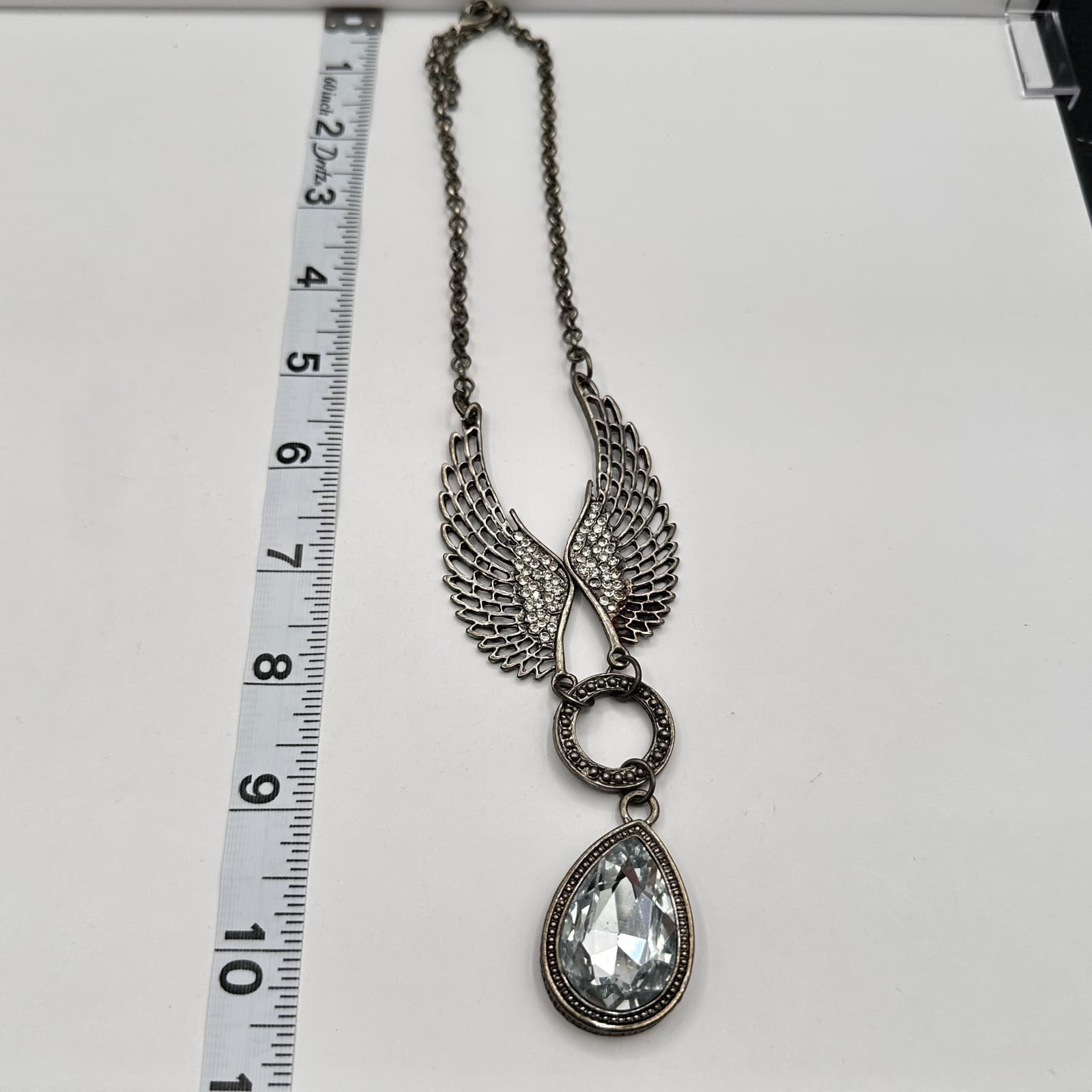 Vintage Y2K Angel Wings Necklace Silver Tone Teardrop Crystal Rhinestone Jewelry - Thumbnail 8