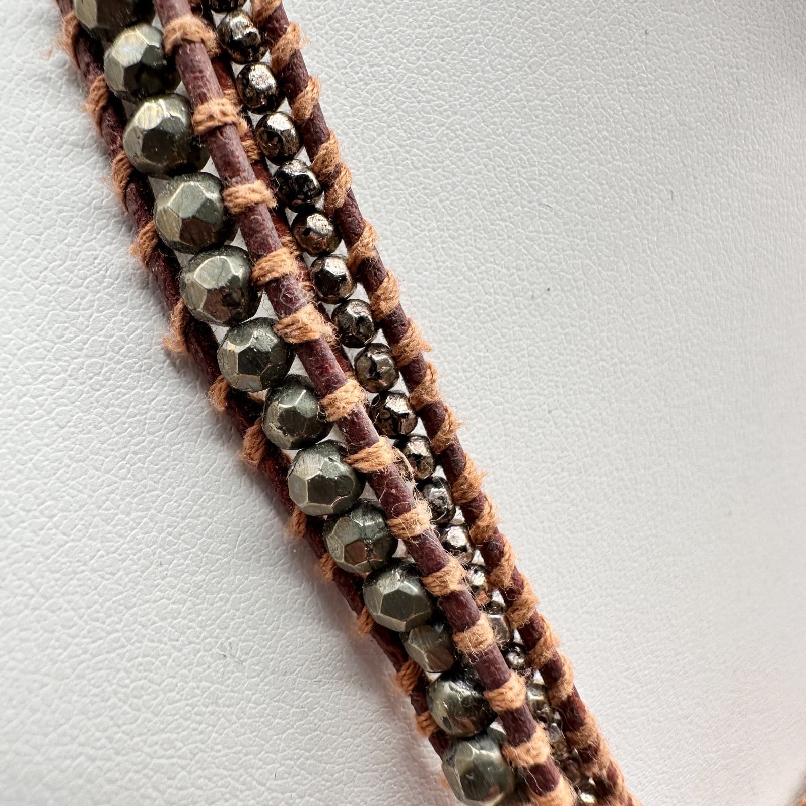Vintage 80s Beaded Multi Strand Leather Wrap Necklace Women's Classic Jewelry - Thumbnail 2