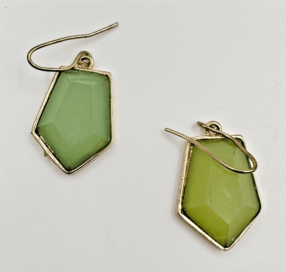 Vintage 90s Green Stone Dangle Earrings Gold Tone Geometric Shield Boho Fashion - Image 1