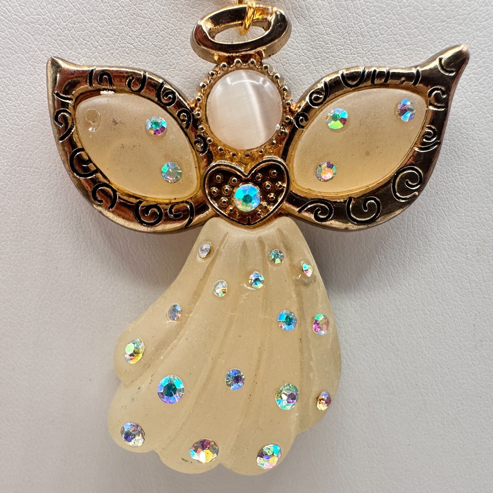 Vintage 90s Angel Pendant Necklace Gold Tone AB Glass Moonstone Cream Jewelry - Thumbnail 3