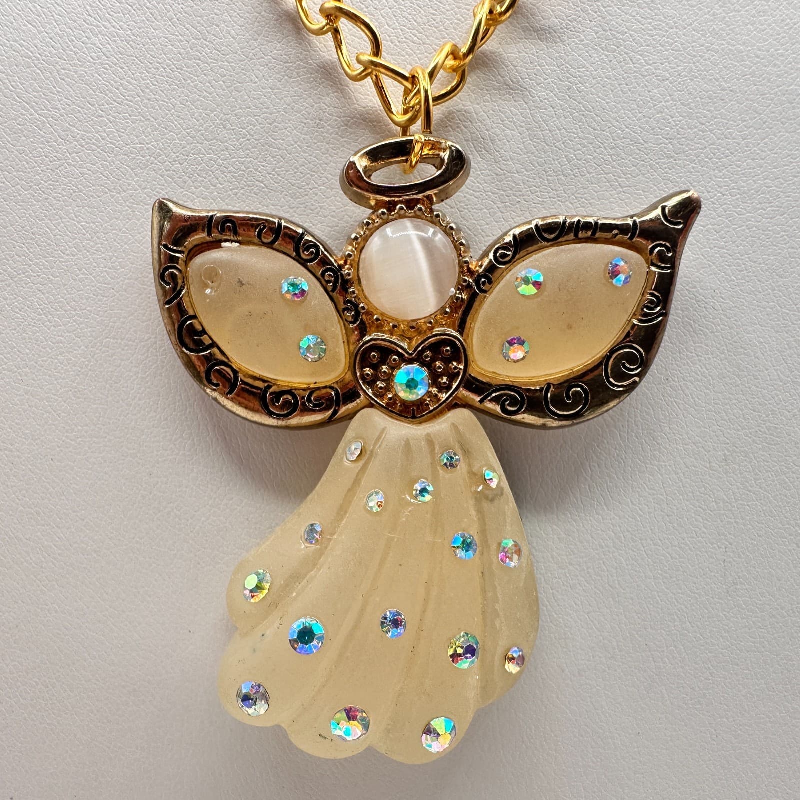 Vintage 90s Angel Pendant Necklace Gold Tone AB Glass Moonstone Cream Jewelry - Thumbnail 2