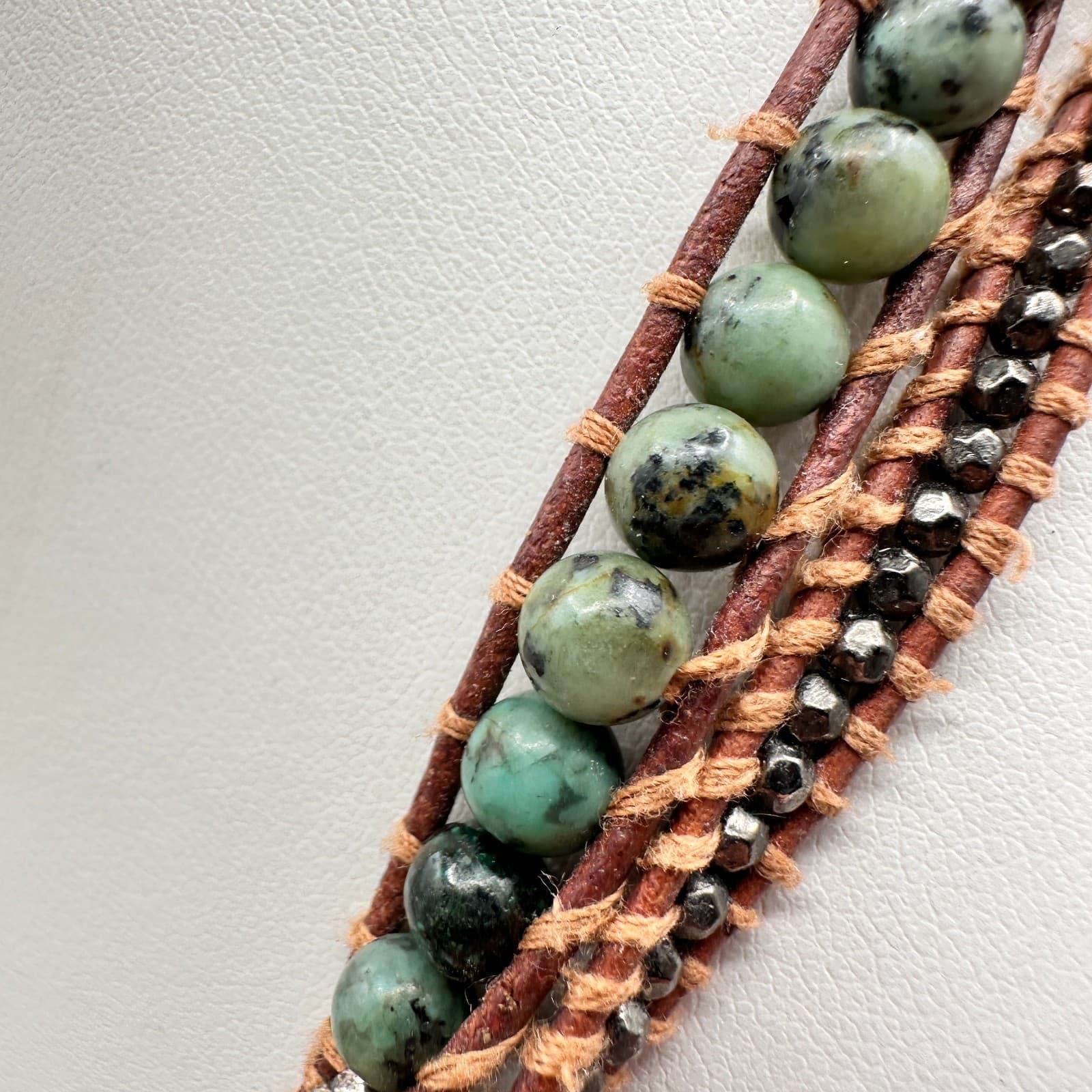 Vintage 80s Beaded Multi Strand Leather Wrap Necklace Women's Classic Jewelry - Thumbnail 5