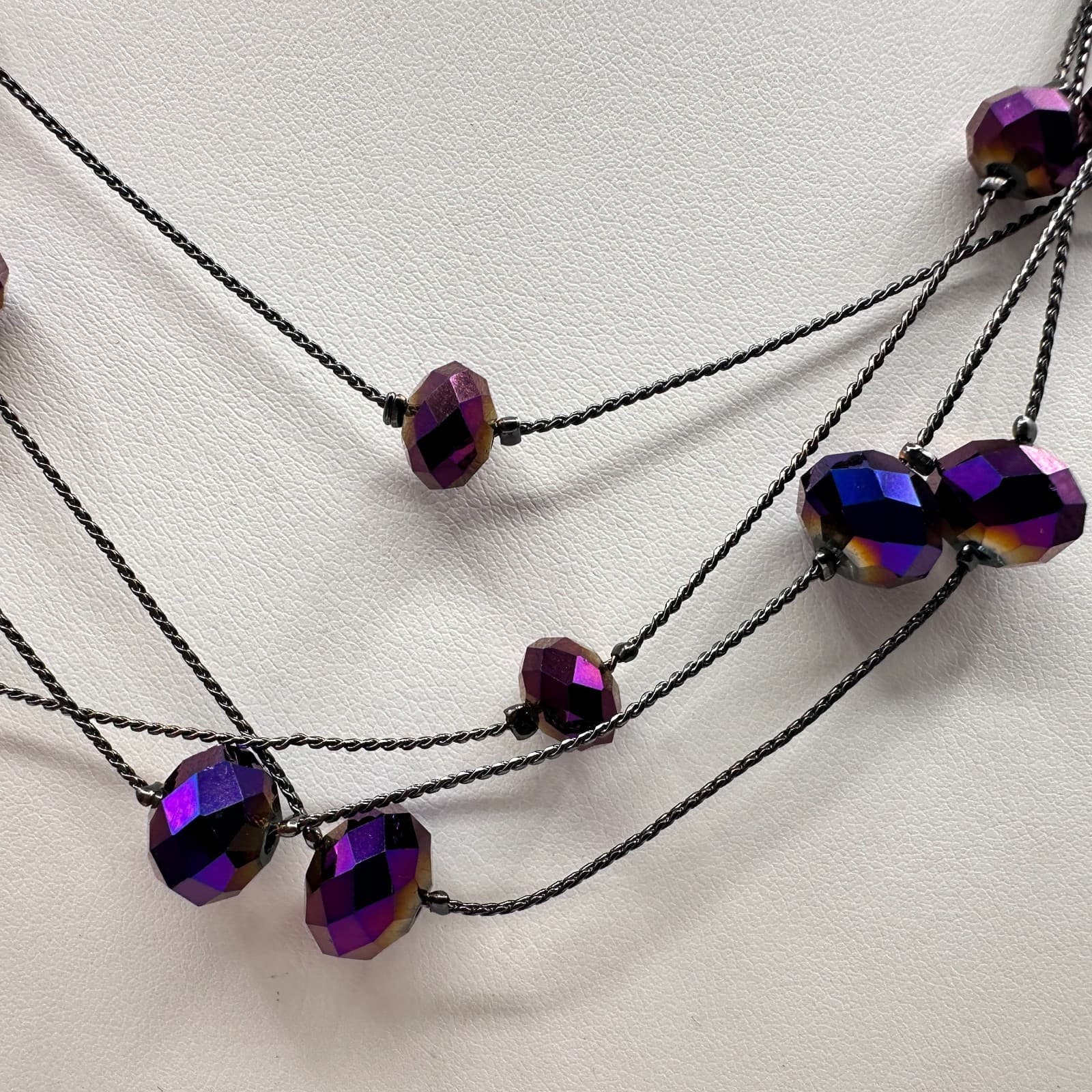 Vintage 90s Multi-Strand Layered Necklace Purple Aurora Borealis Beaded Boho - Thumbnail 4