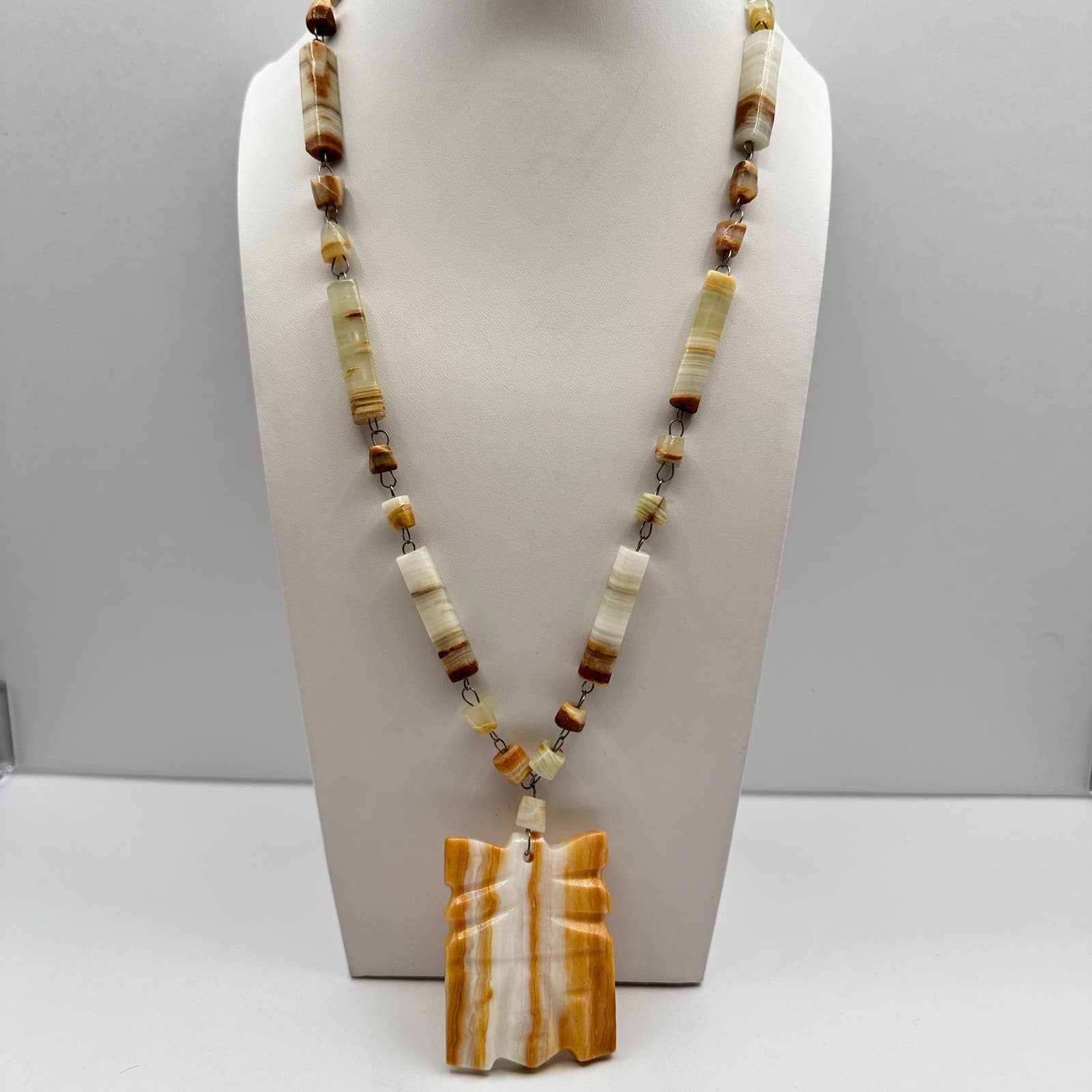 Vintage 90s Boho Hand Carved Abstract Pendant Necklace Statement Women's Jewelry - Image 1