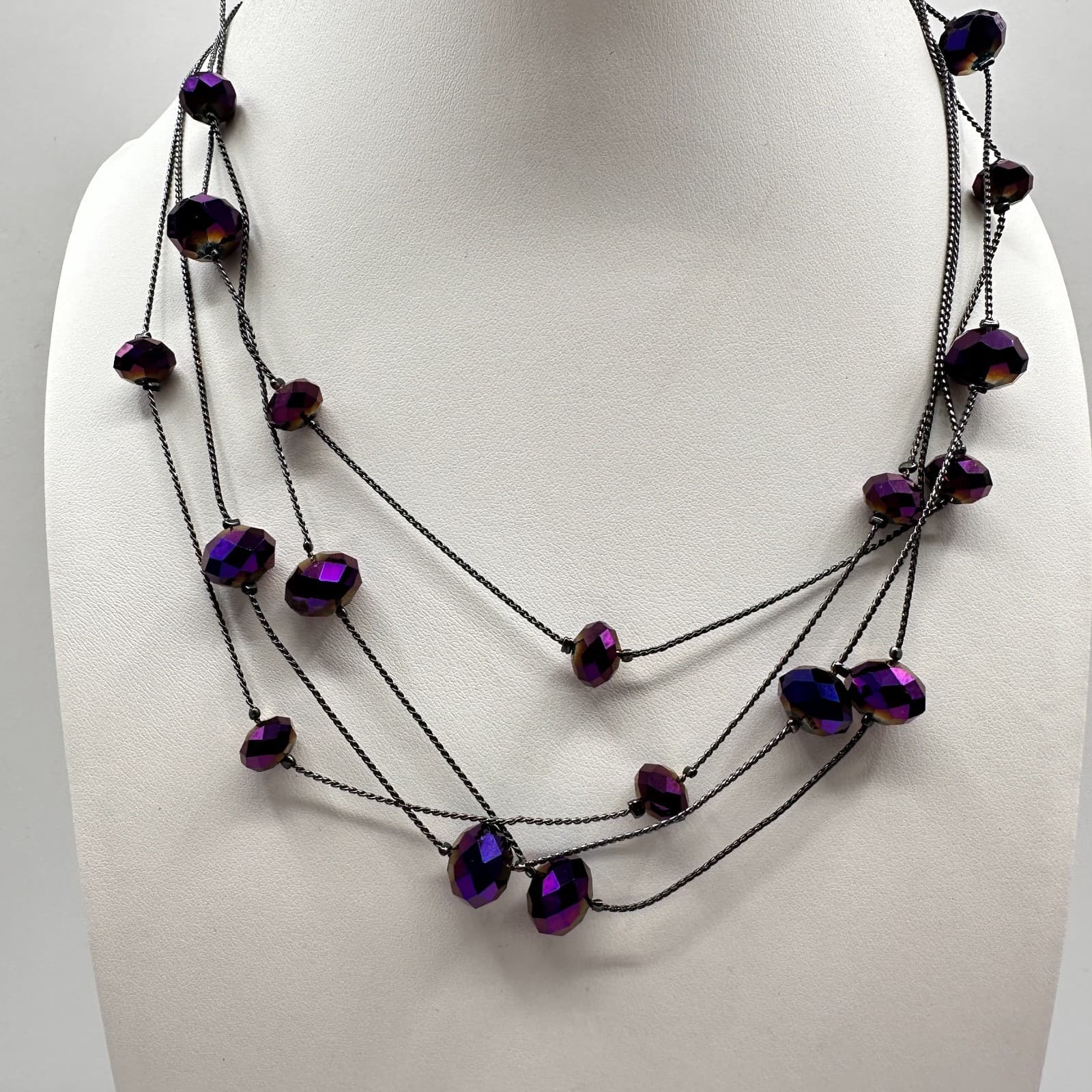 Vintage 90s Multi-Strand Layered Necklace Purple Aurora Borealis Beaded Boho - Image 1