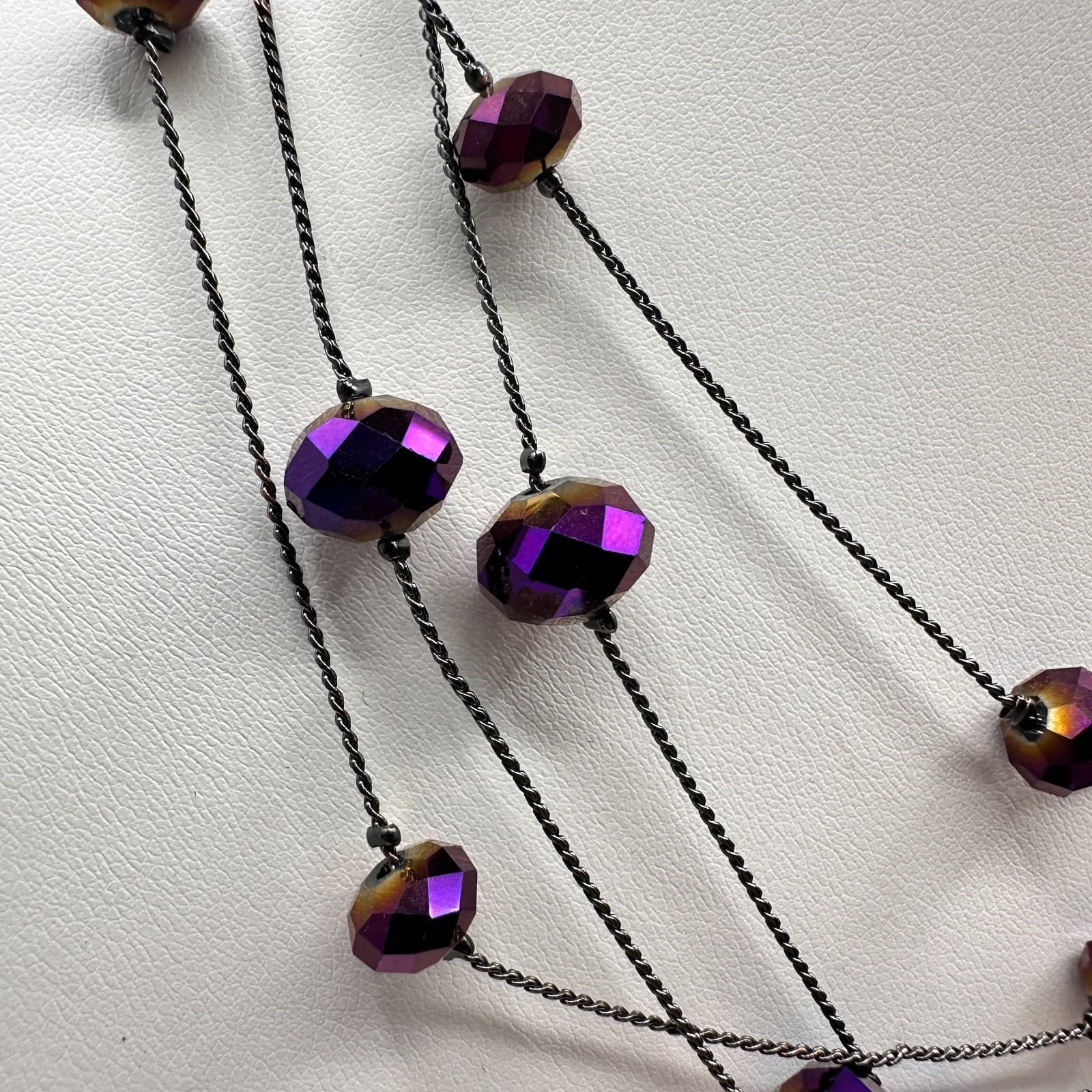 Vintage 90s Multi-Strand Layered Necklace Purple Aurora Borealis Beaded Boho - Thumbnail 3