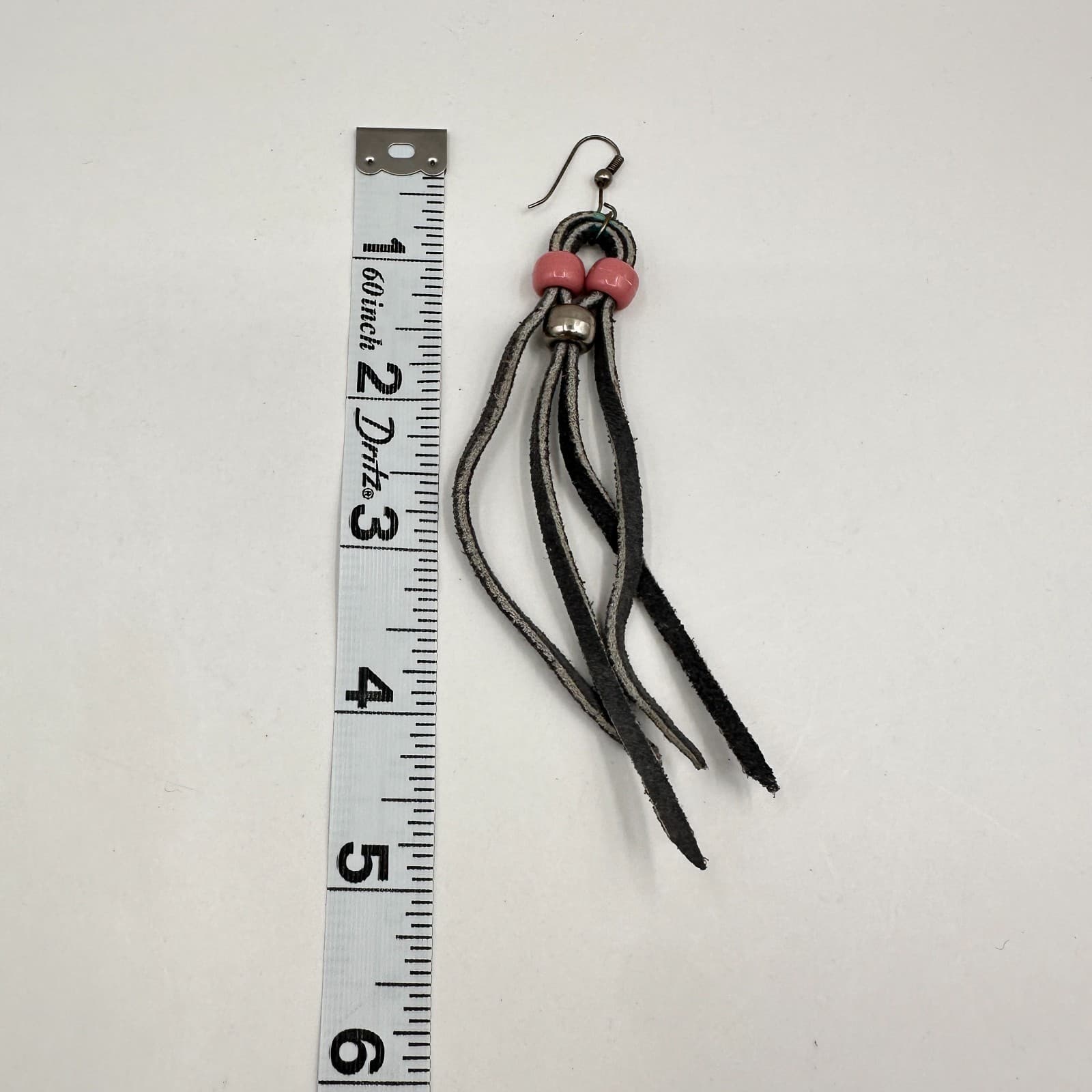 Vintage 90s Boho Leather Fringe Tassel Earrings Pink Silver Beads Gray Suede - Thumbnail 6