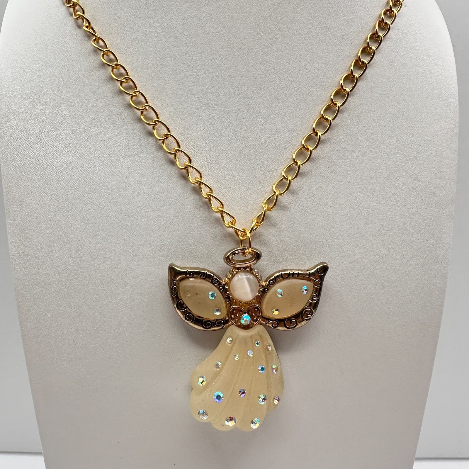 Vintage 90s Angel Pendant Necklace Gold Tone AB Glass Moonstone Cream Jewelry - Image 1