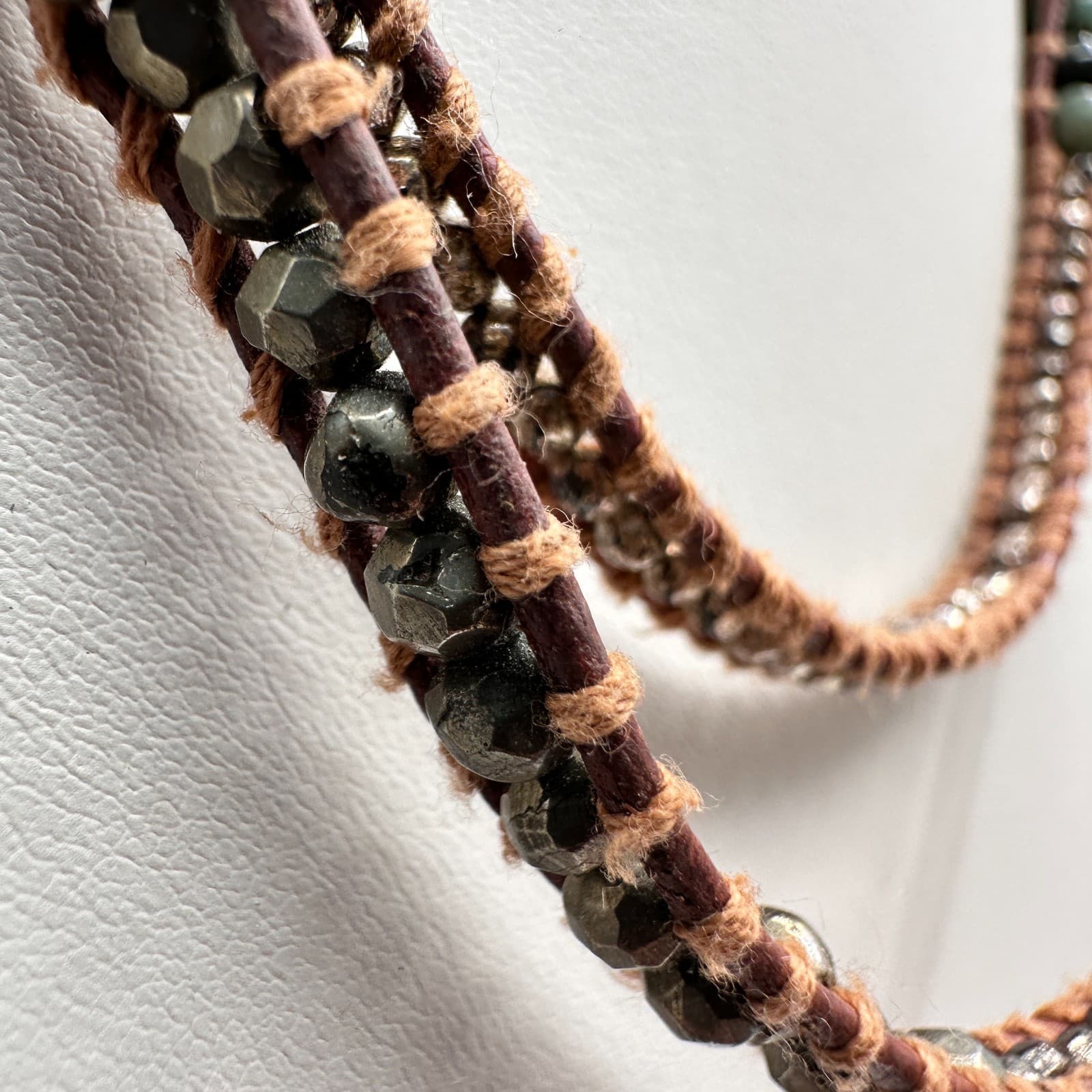 Vintage 80s Beaded Multi Strand Leather Wrap Necklace Women's Classic Jewelry - Thumbnail 4