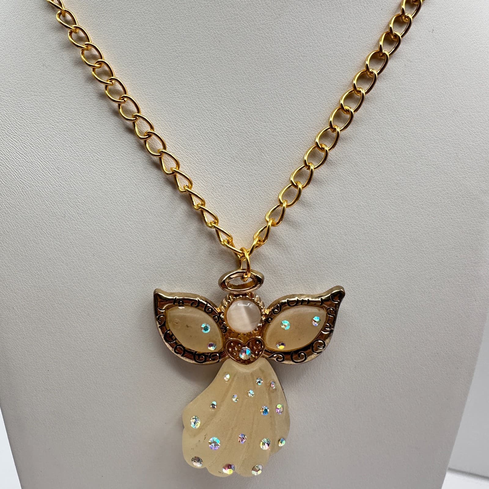Vintage 90s Angel Pendant Necklace Gold Tone AB Glass Moonstone Cream Jewelry - Thumbnail 6