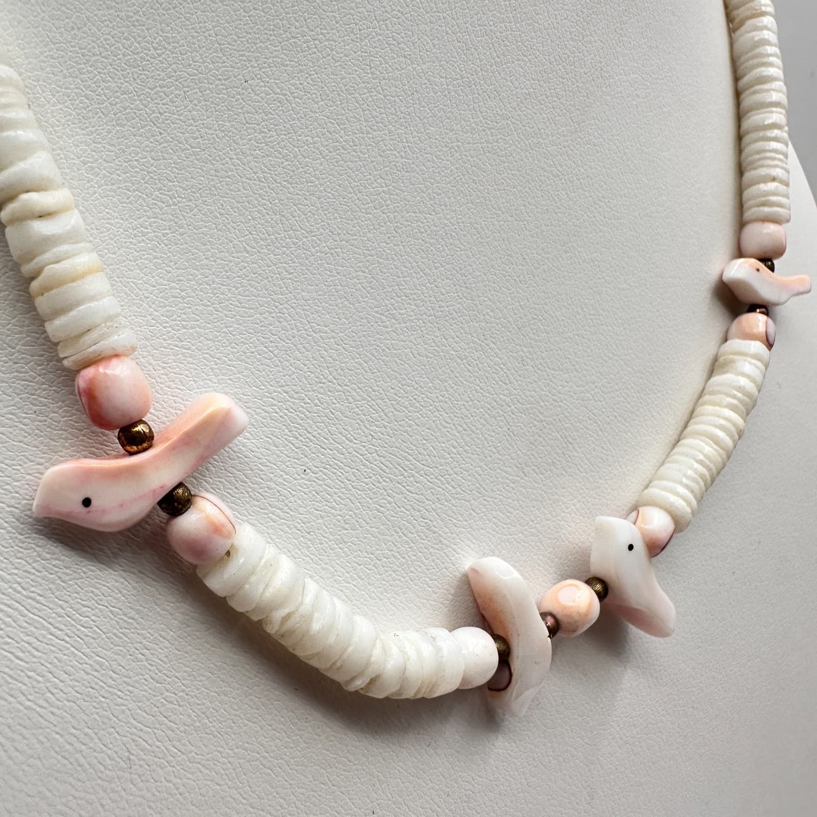 Vintage 90s Shell Beaded Fetish Bird Necklace Boho Gold Tone Women's Jewelry - Thumbnail 2