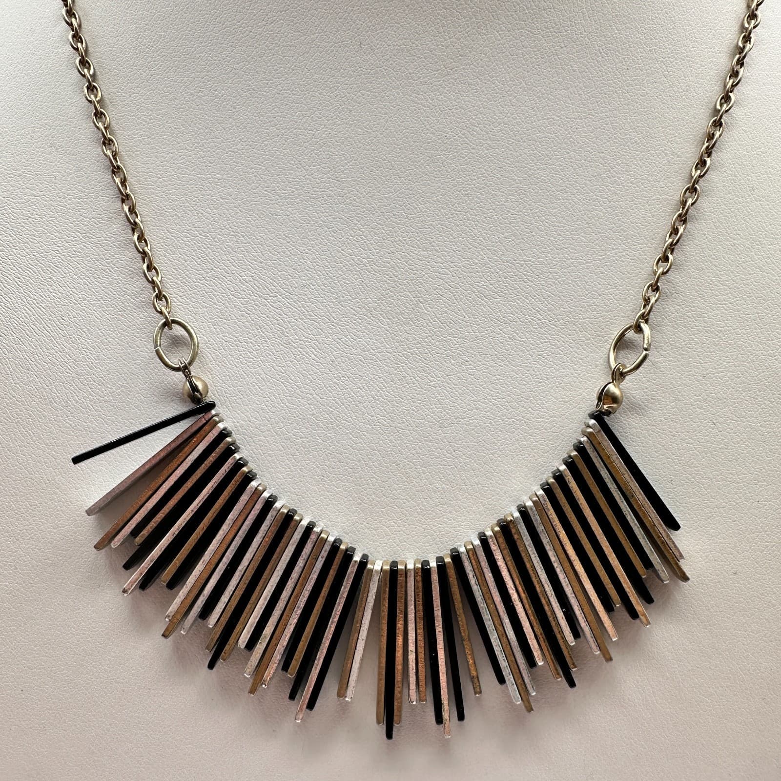 Vintage Y2K Denmark Fringe Bib Necklace Silver Tone Metal Bar Sticks Statement - Thumbnail 5