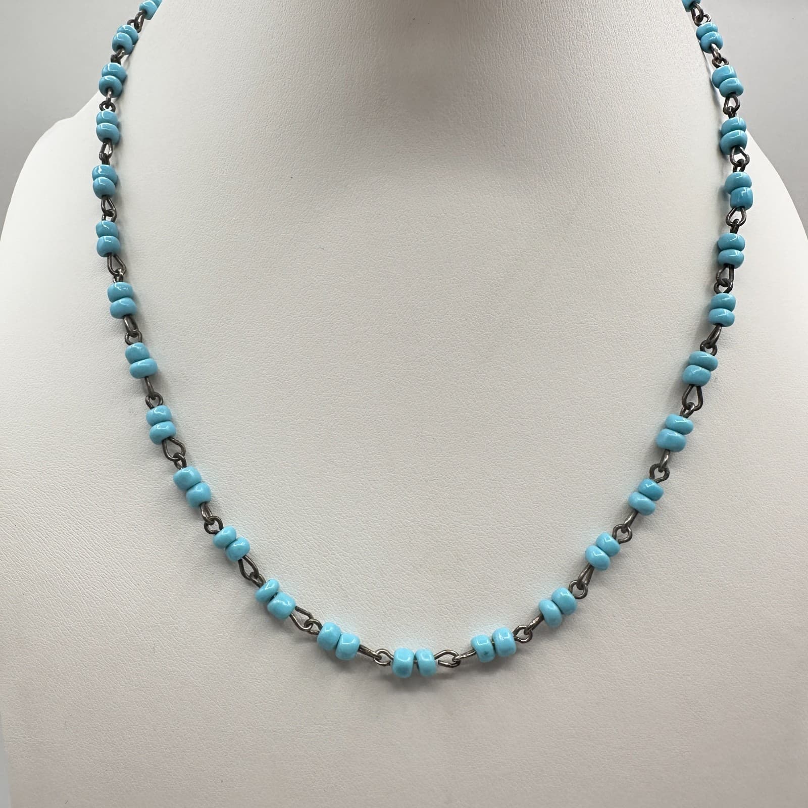 Vintage 90s Boho Blue Beaded Necklace Silver Tone Retro Women's Classic Jewelry - Image 1