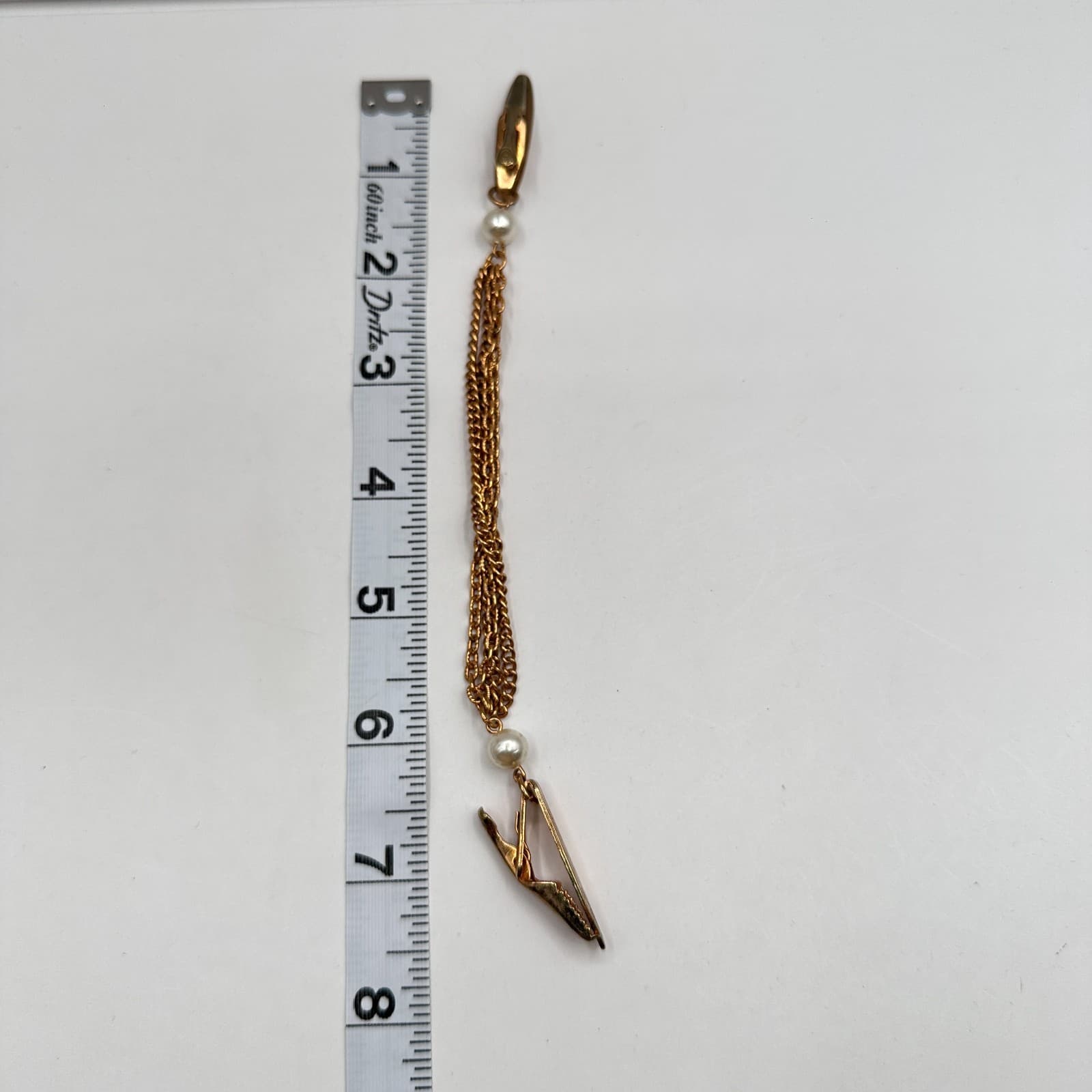 Vintage 90s Gold Tone Faux Pearl Sweater Guard Cardigan Clips Multi Strand Chain - Thumbnail 8