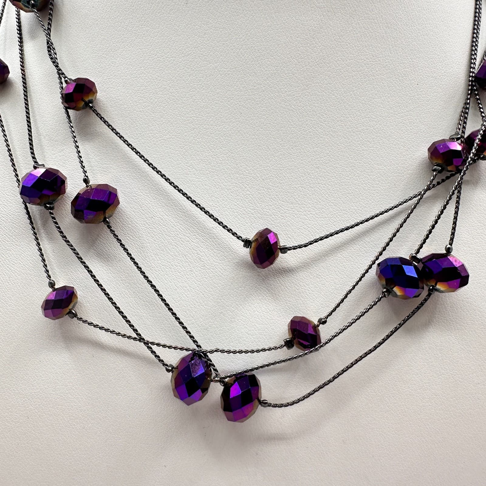 Vintage 90s Multi-Strand Layered Necklace Purple Aurora Borealis Beaded Boho - Thumbnail 2