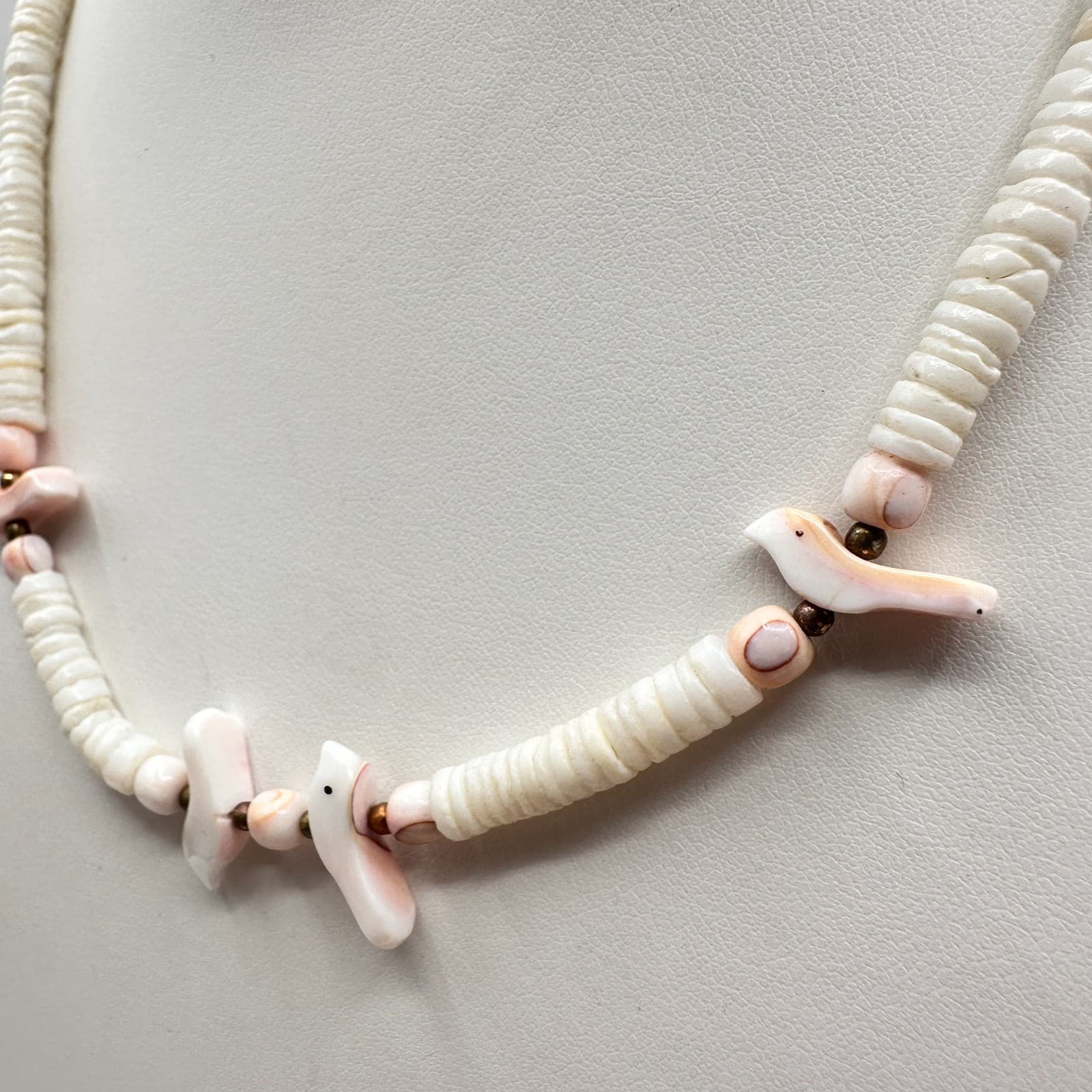 Vintage 90s Shell Beaded Fetish Bird Necklace Boho Gold Tone Women's Jewelry - Thumbnail 5