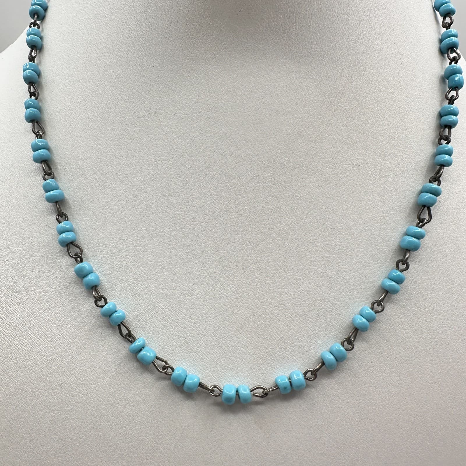 Vintage 90s Boho Blue Beaded Necklace Silver Tone Retro Women's Classic Jewelry - Thumbnail 2