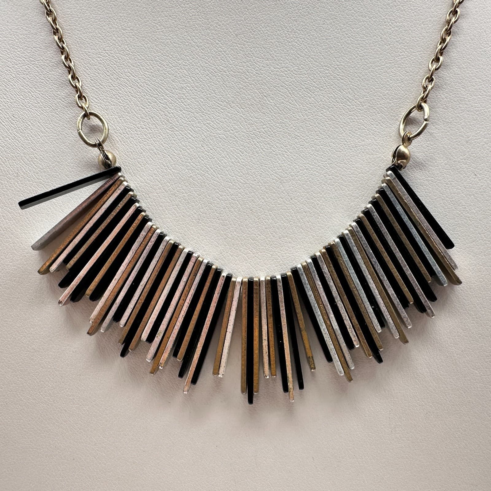 Vintage Y2K Denmark Fringe Bib Necklace Silver Tone Metal Bar Sticks Statement - Thumbnail 2