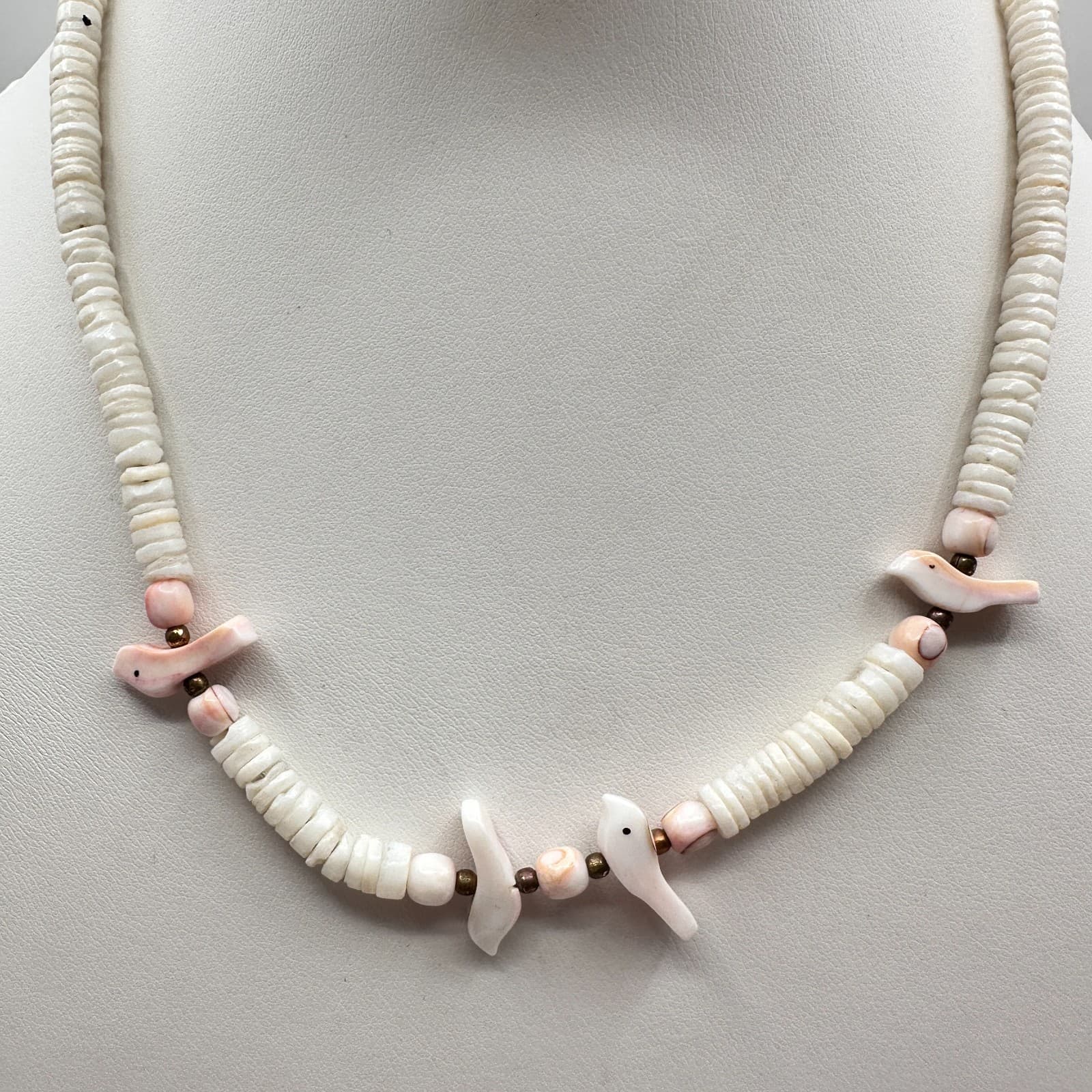 Vintage 90s Shell Beaded Fetish Bird Necklace Boho Gold Tone Women's Jewelry - Image 1