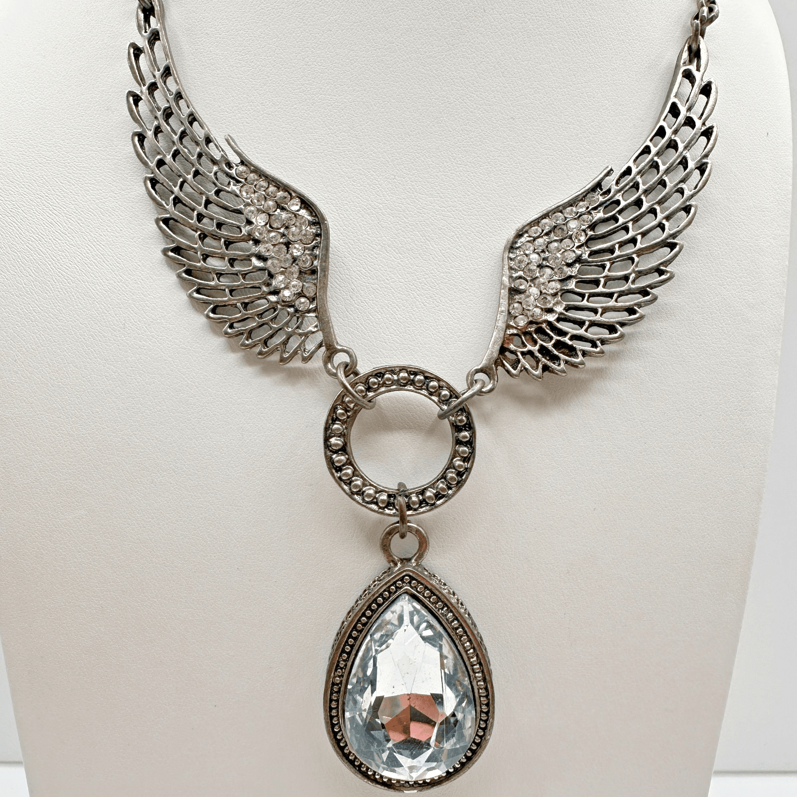Vintage Y2K Angel Wings Necklace Silver Tone Teardrop Crystal Rhinestone Jewelry - Image 1