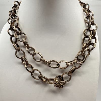 Vintage 90s Chunky Gold Tone Chain Link Necklace Engraved Etched Women's Jewelry - Thumbnail 2