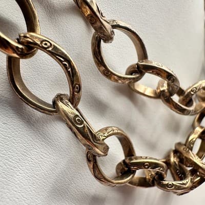 Vintage 90s Chunky Gold Tone Chain Link Necklace Engraved Etched Women's Jewelry - Thumbnail 4