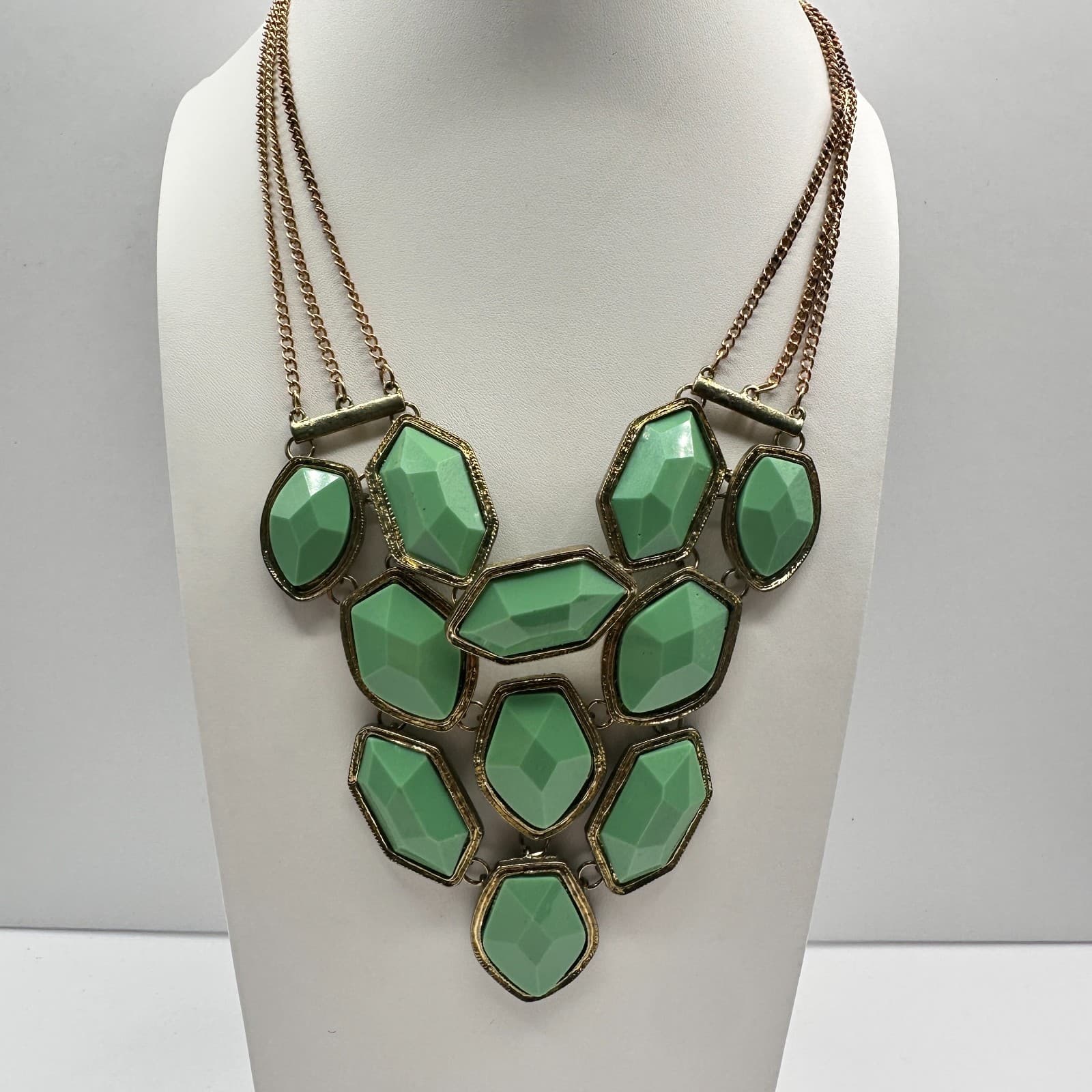 Vintage Y2K Statement Necklace Green Faux Stone Bib Gold Tone Multi Chain - Thumbnail 3