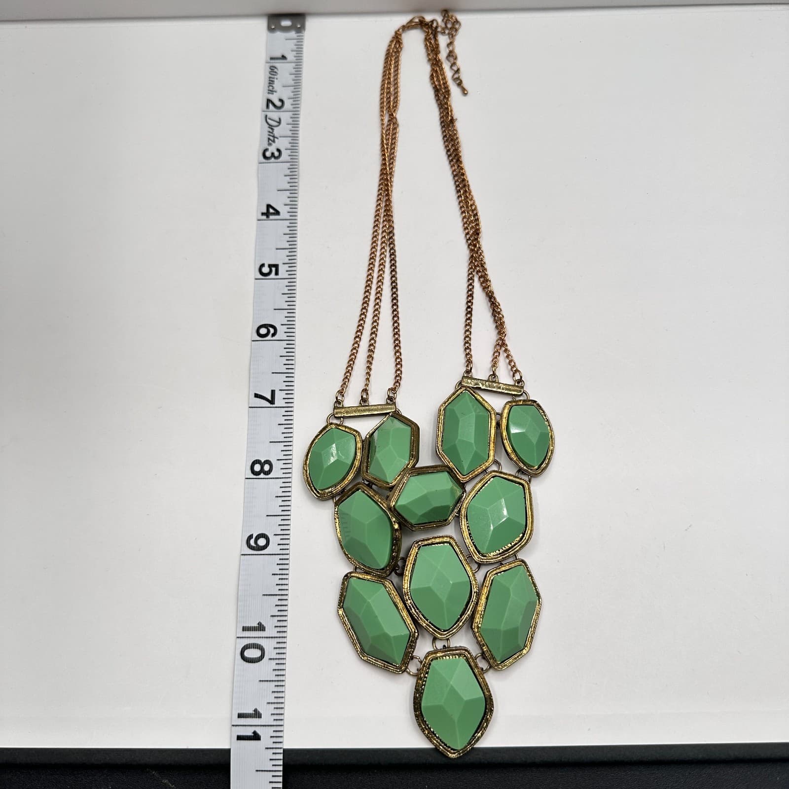 Vintage Y2K Statement Necklace Green Faux Stone Bib Gold Tone Multi Chain - Thumbnail 9