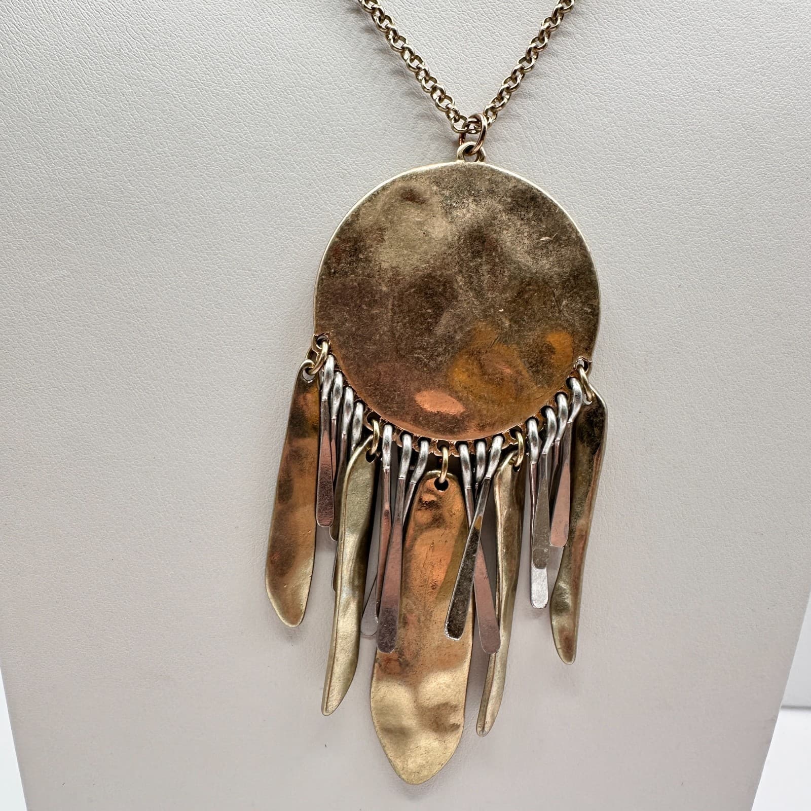 Vintage 90s Gold Tone Hammered Disc Fringe Statement Necklace Boho Jewelry - Thumbnail 2