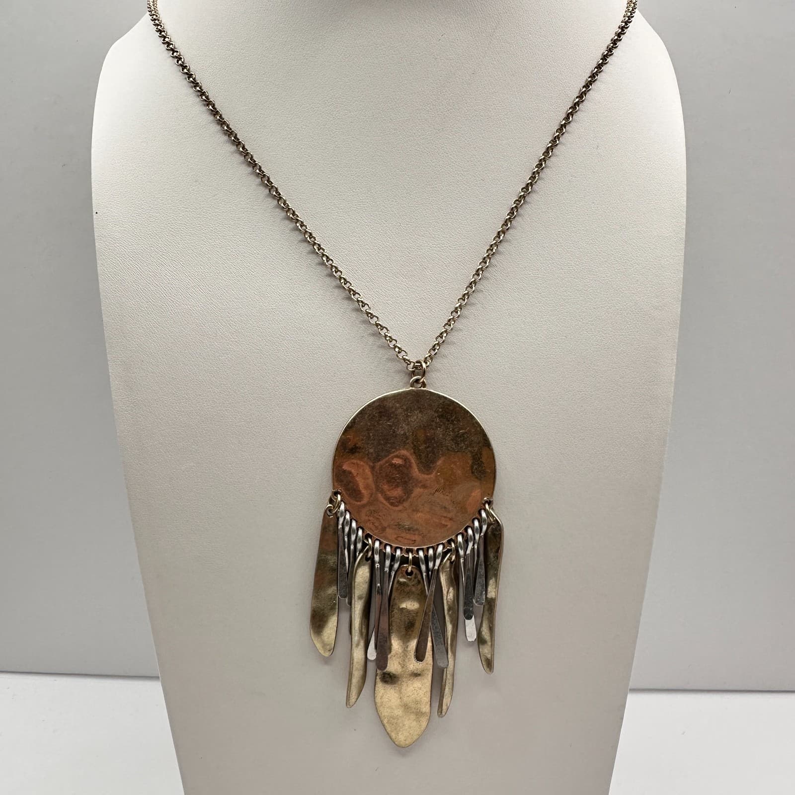 Vintage 90s Gold Tone Hammered Disc Fringe Statement Necklace Boho Jewelry - Image 1