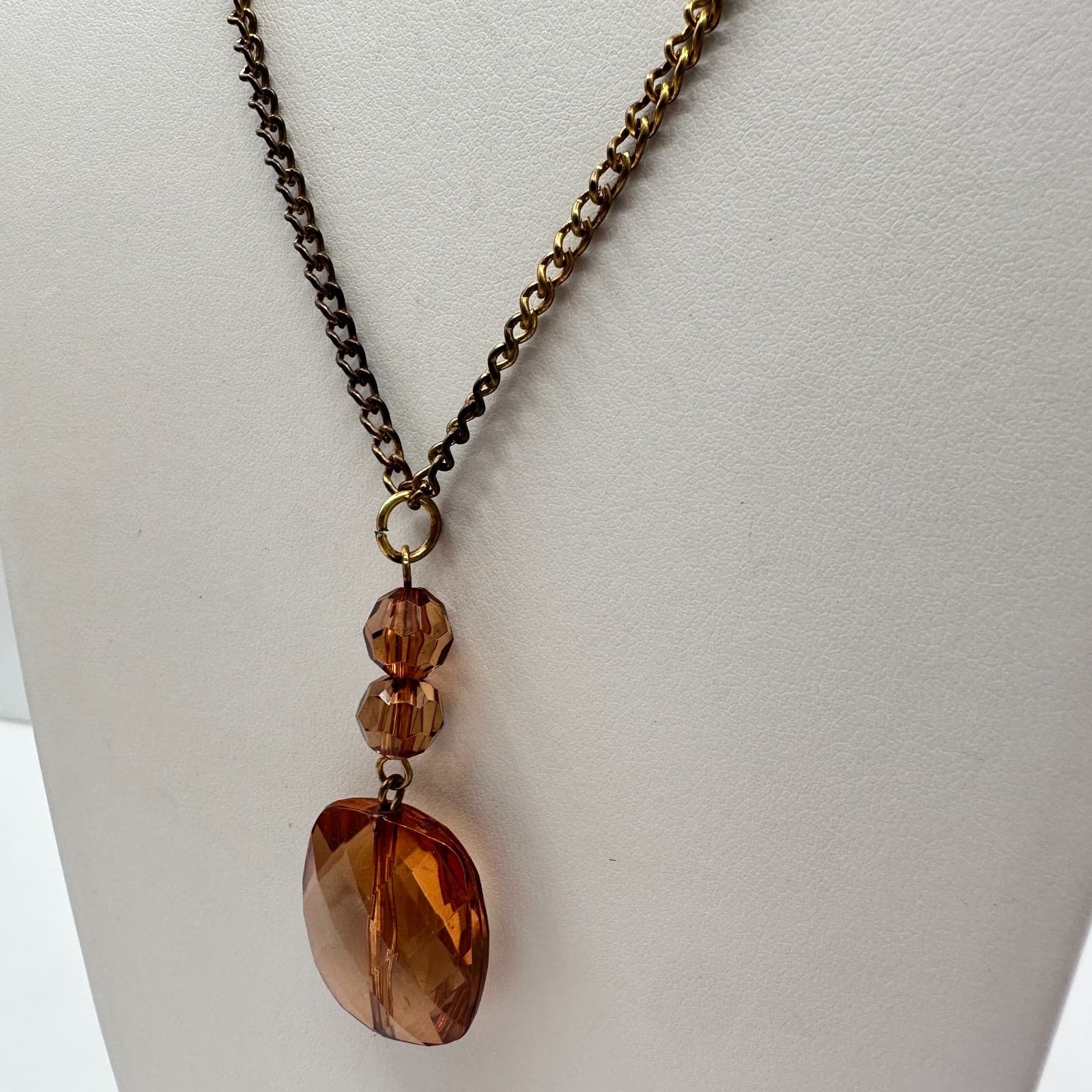 Vintage 90s Bronze Amber Glass Beaded Pendant Necklace Statement Women's Jewelry - Thumbnail 5