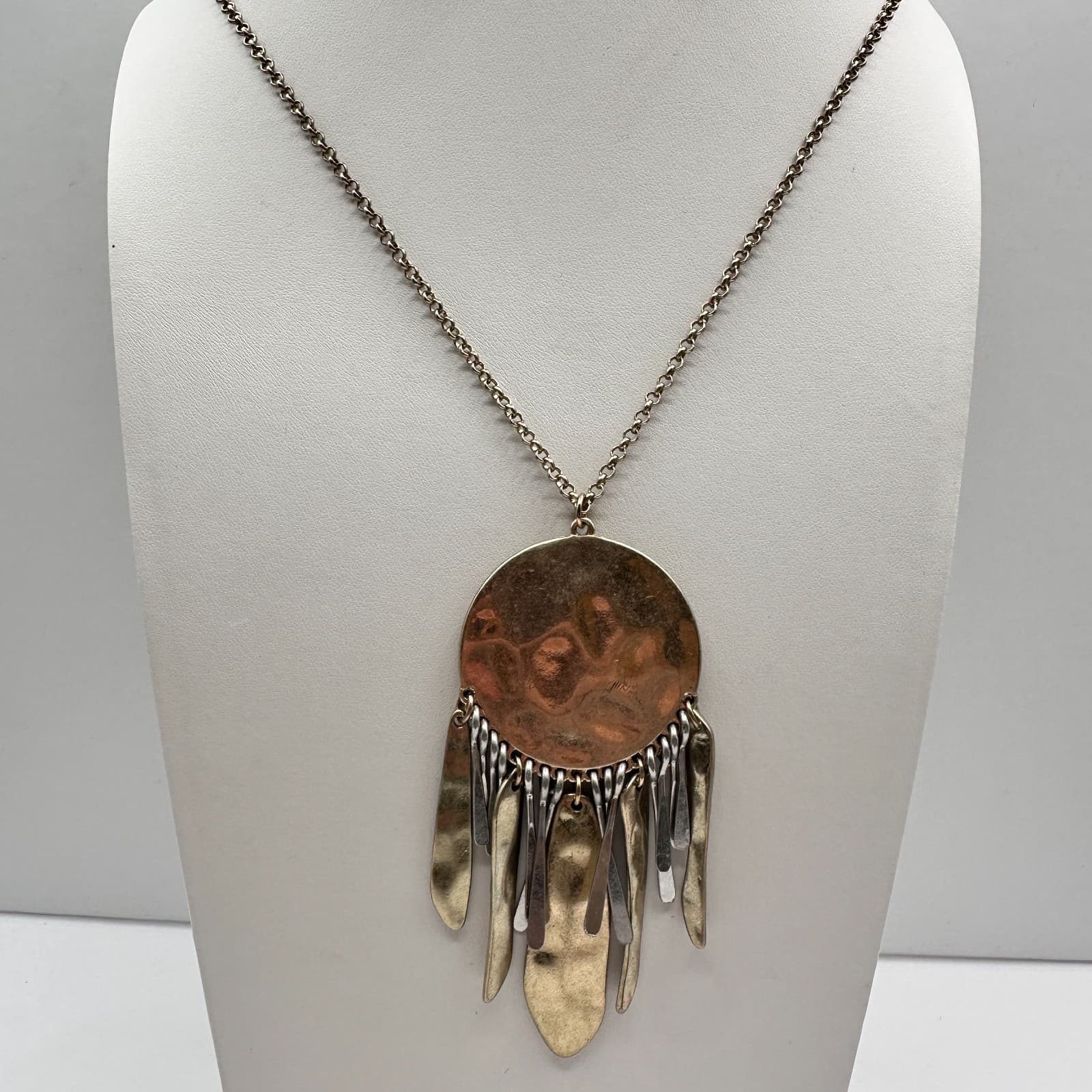 Vintage 90s Gold Tone Hammered Disc Fringe Statement Necklace Boho Jewelry - Thumbnail 3