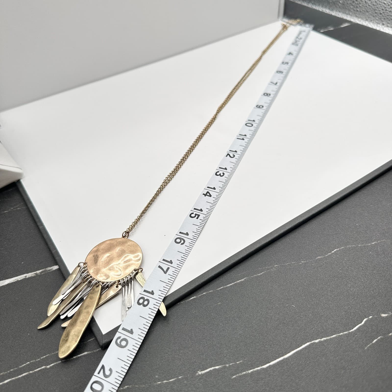 Vintage 90s Gold Tone Hammered Disc Fringe Statement Necklace Boho Jewelry - Thumbnail 8