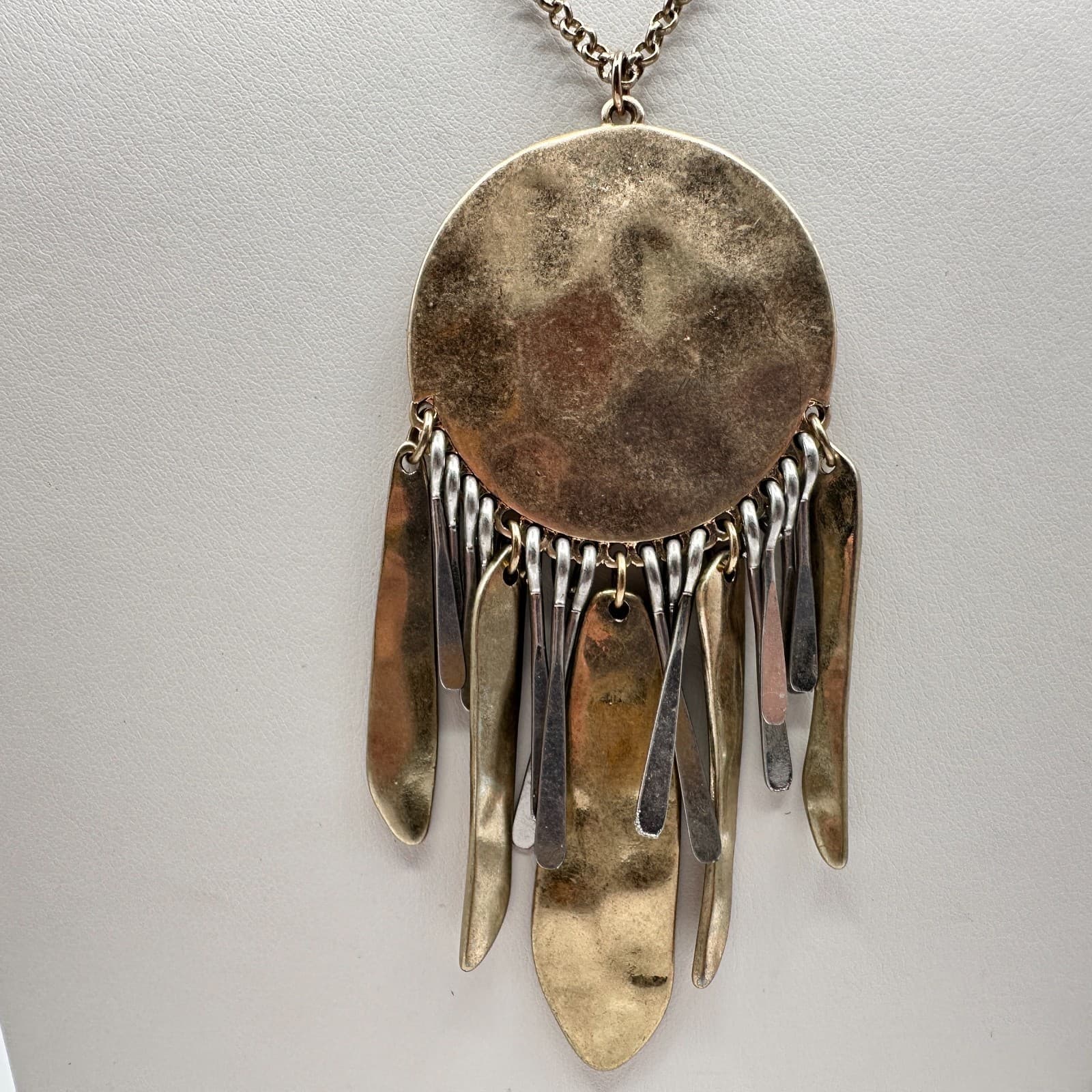 Vintage 90s Gold Tone Hammered Disc Fringe Statement Necklace Boho Jewelry - Thumbnail 4