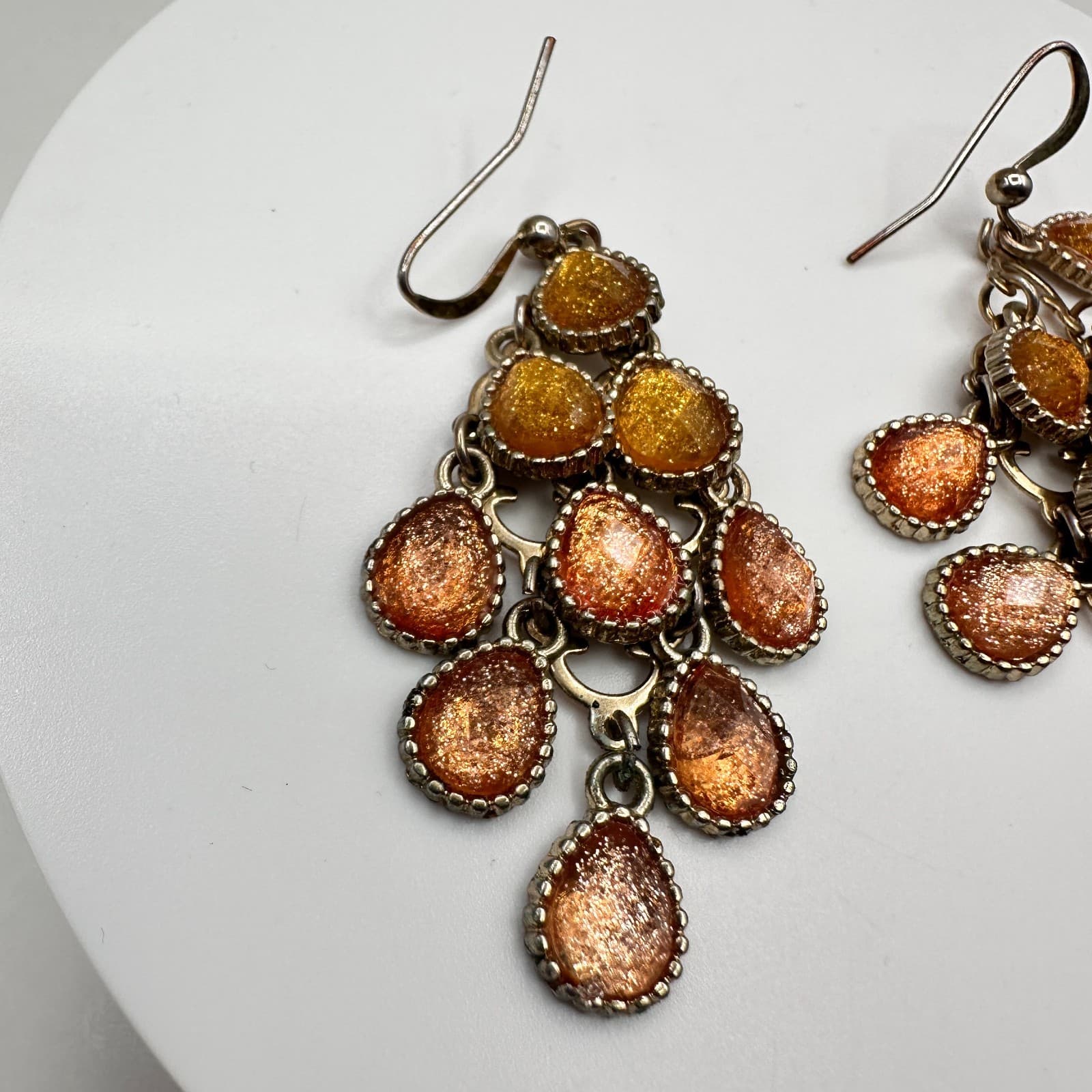 Vintage 80s Boohoo Glam Silver Tone Glitter Dangle Earrings Amber Tones Jewelry - Thumbnail 3