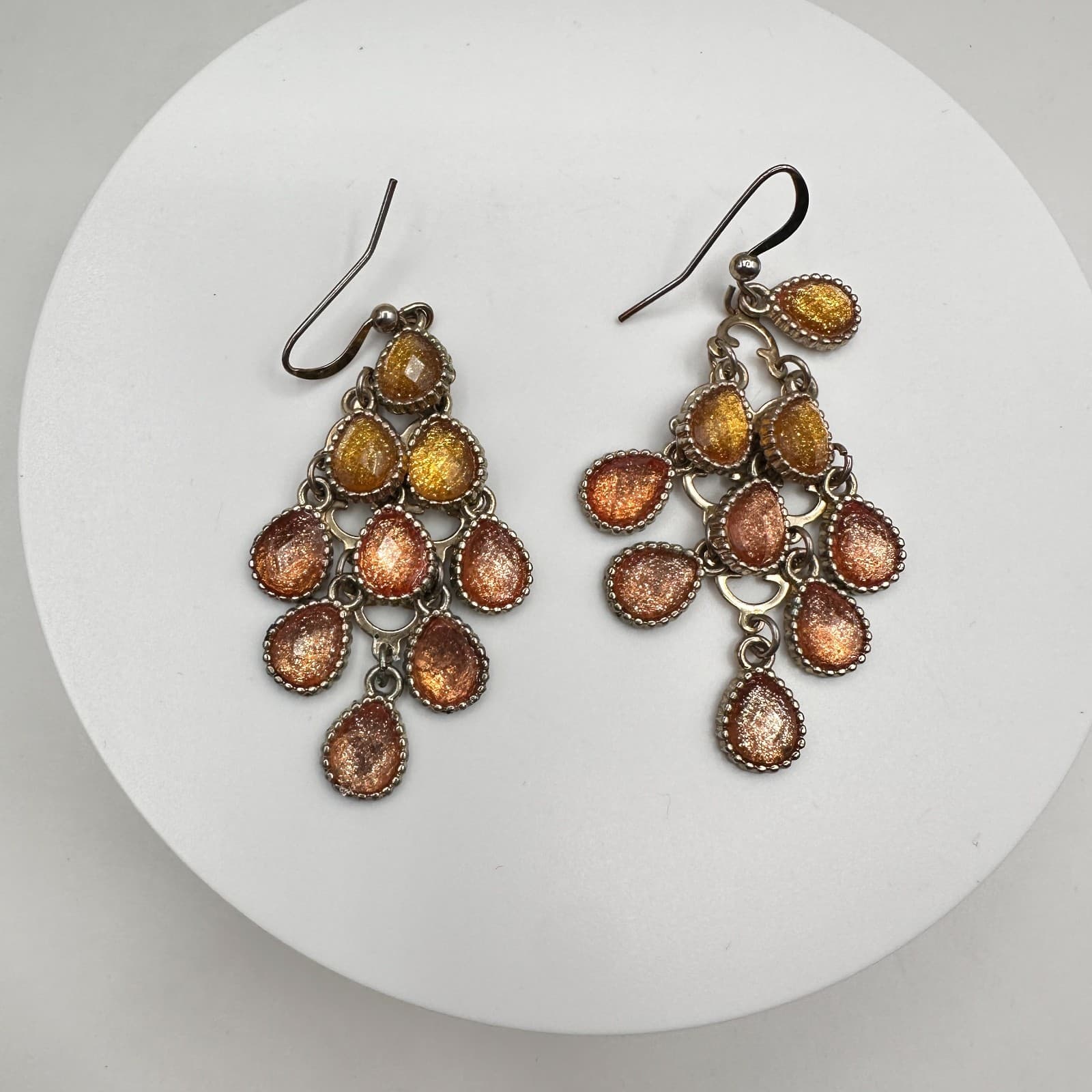 Vintage 80s Boohoo Glam Silver Tone Glitter Dangle Earrings Amber Tones Jewelry - Image 1