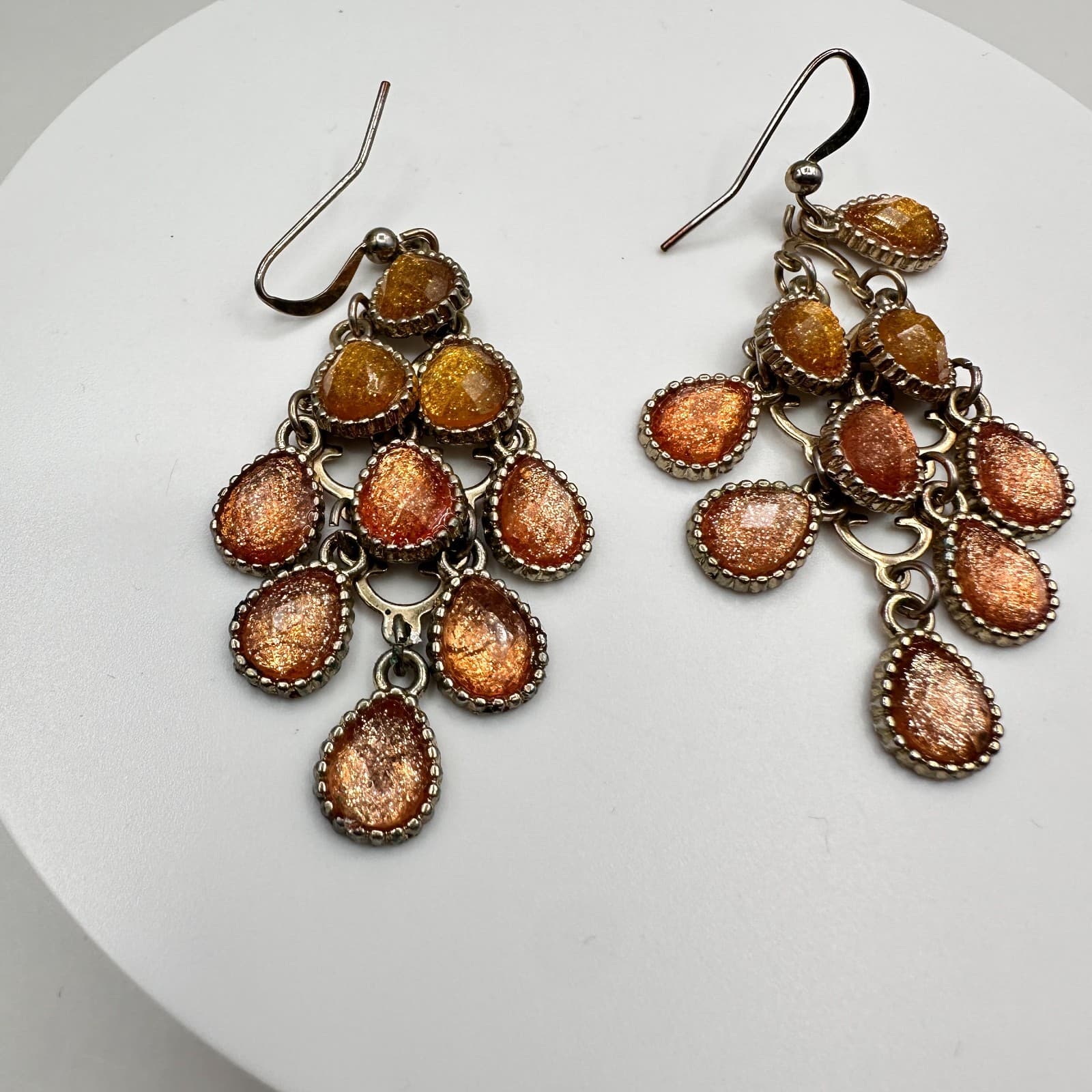 Vintage 80s Boohoo Glam Silver Tone Glitter Dangle Earrings Amber Tones Jewelry - Thumbnail 2