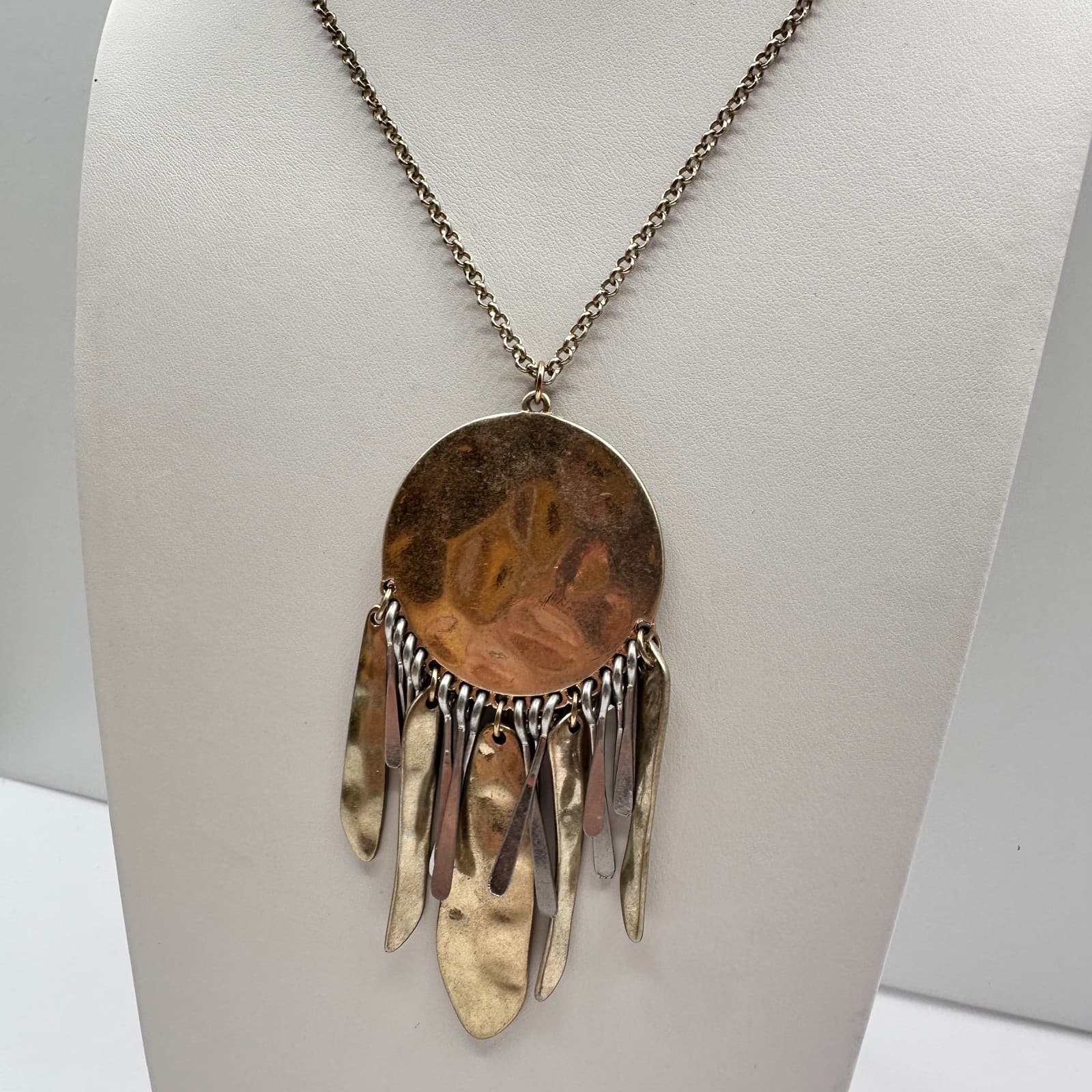 Vintage 90s Gold Tone Hammered Disc Fringe Statement Necklace Boho Jewelry - Thumbnail 6