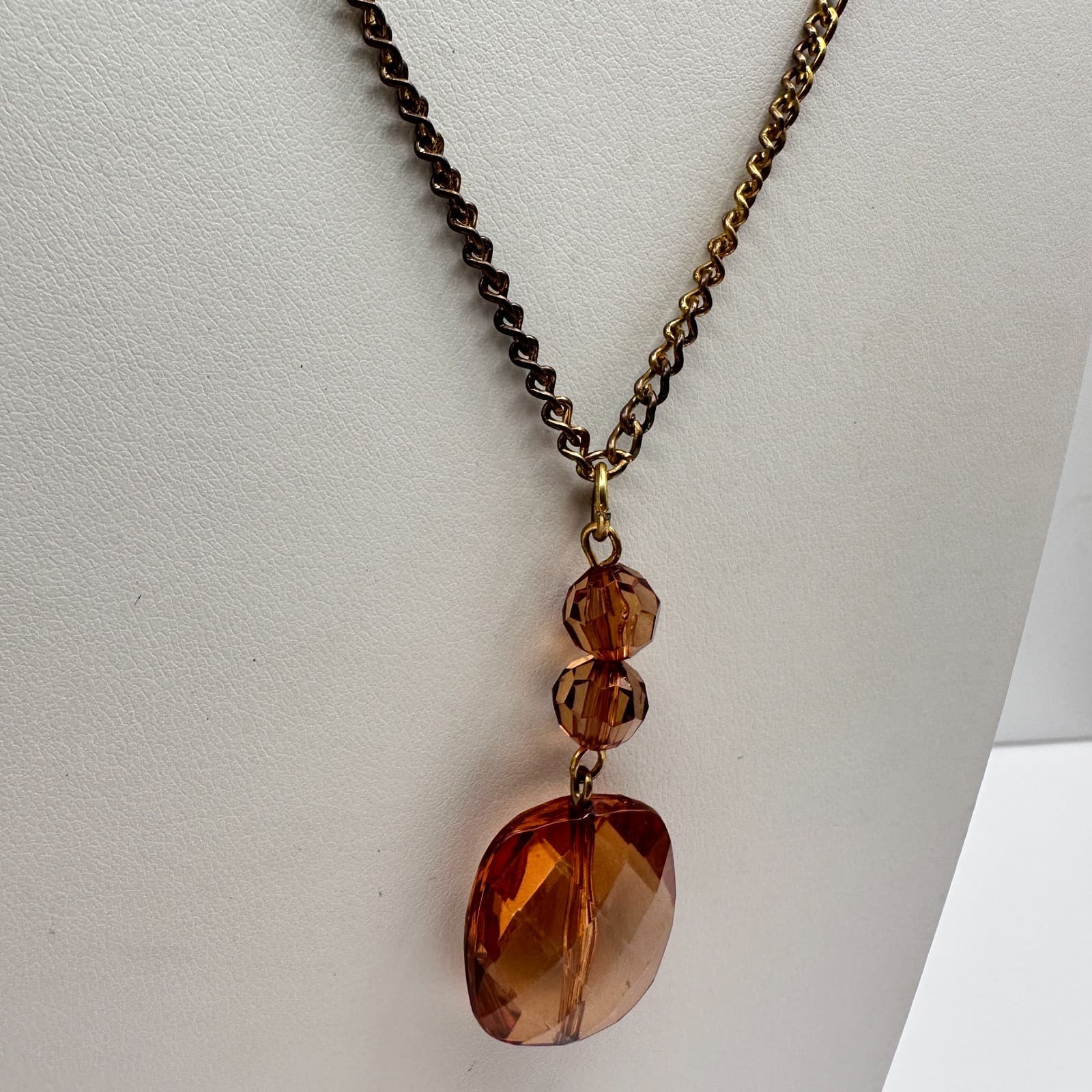 Vintage 90s Bronze Amber Glass Beaded Pendant Necklace Statement Women's Jewelry - Thumbnail 4