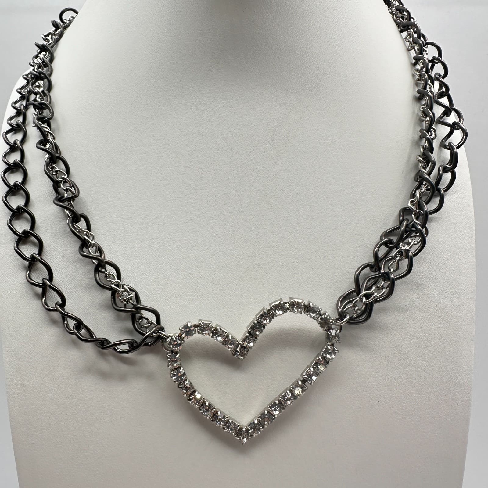 Vintage Y2K Heart Pendant Necklace Gunmetal Multi Stand Chain Clear Rhinestone - Image 1