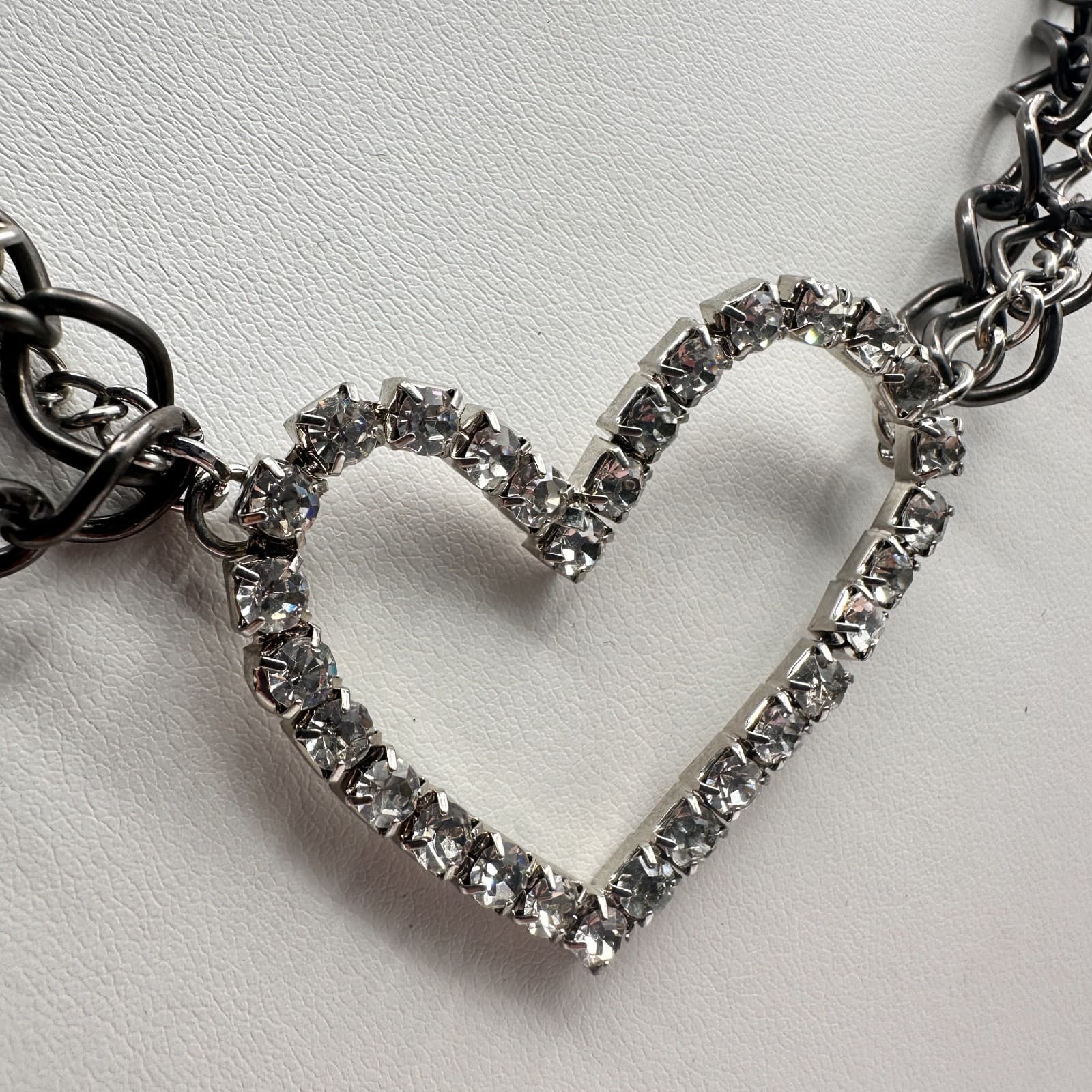 Vintage Y2K Heart Pendant Necklace Gunmetal Multi Stand Chain Clear Rhinestone - Thumbnail 5